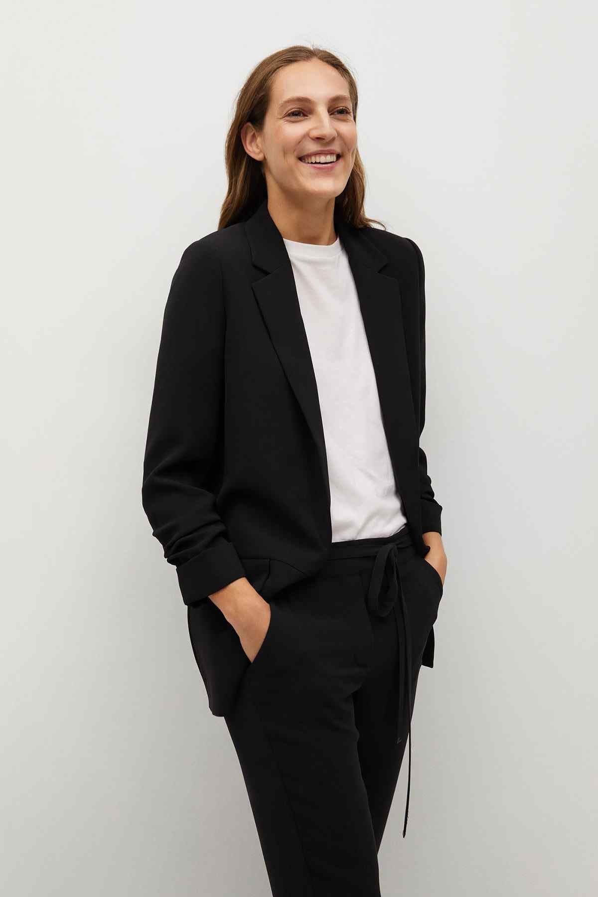 Black tie-waist trousers with straight tapered fit and front drawstring