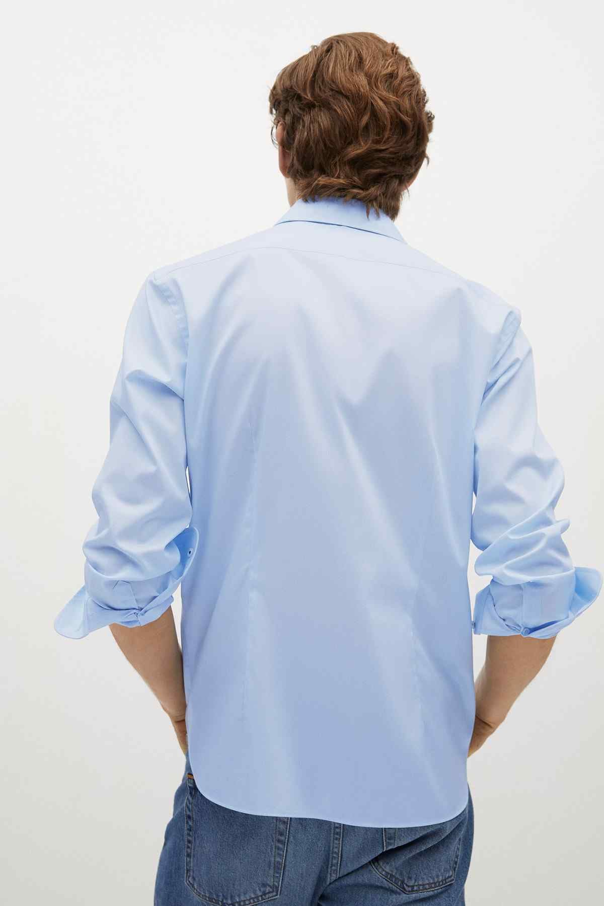 MANGO sky blue button-up shirt, back view with long sleeves and yoke