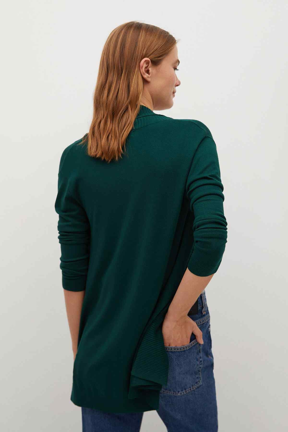 MANGO dark green cardigan back view with long sleeves and open front