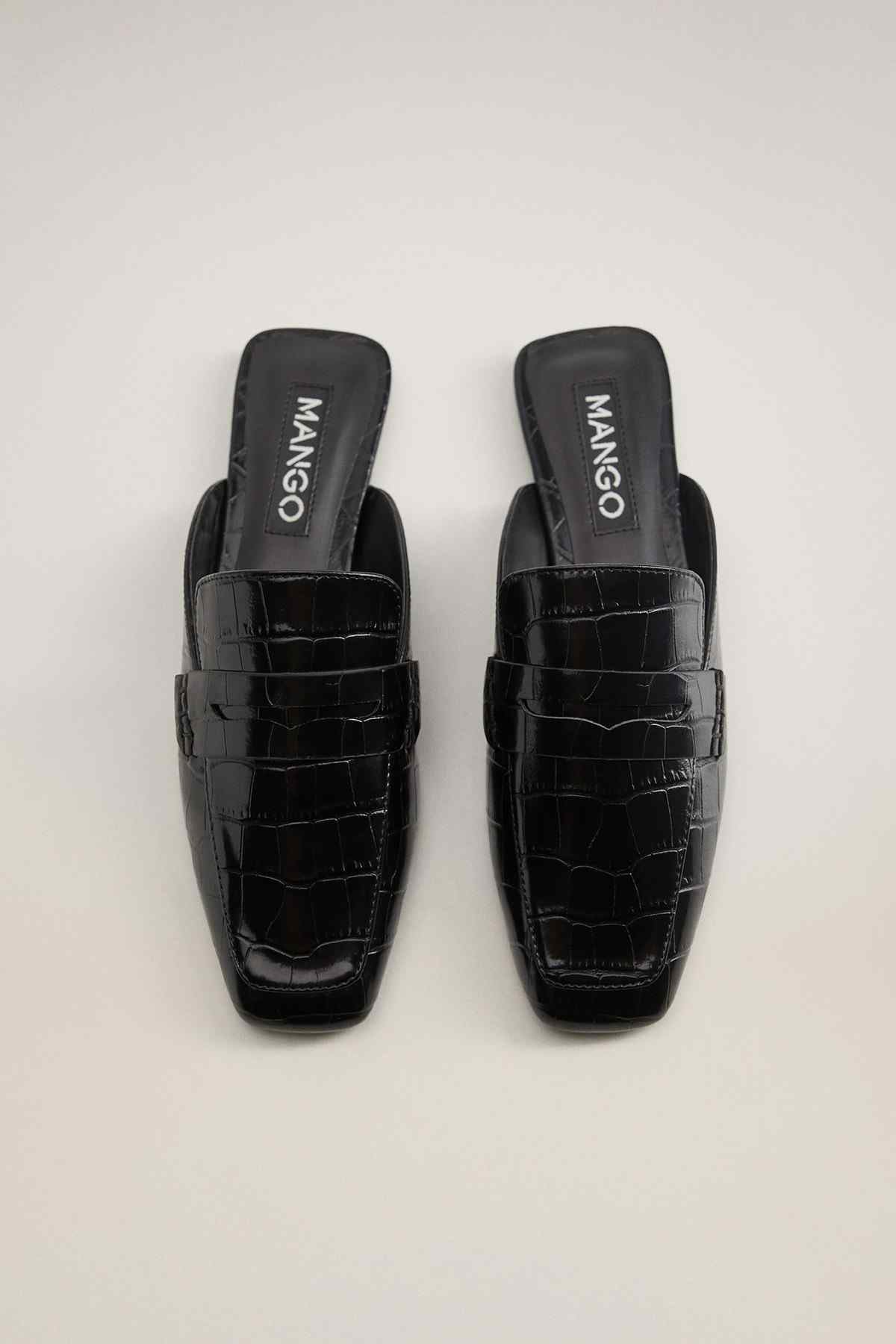 Black croc-embossed slide mules, open toe, branded insole