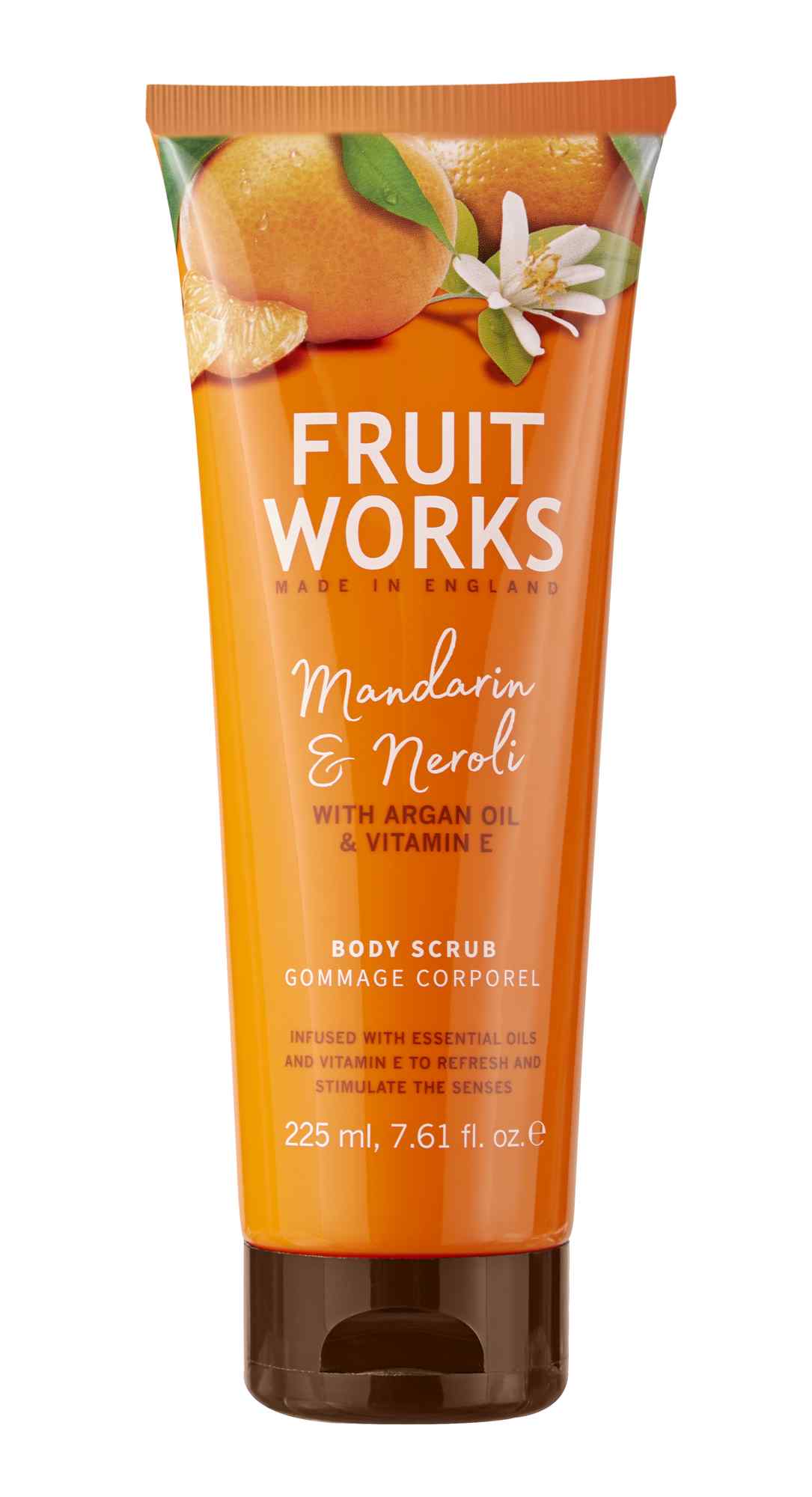 Orange Fruit Works body scrub tube with dark cap, Mandarin & Meroli label