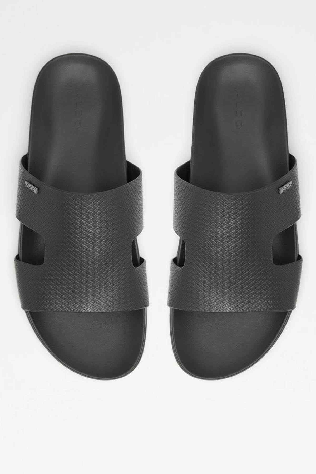 ALDO black textured slide sandals, wide two-piece straps with open toe