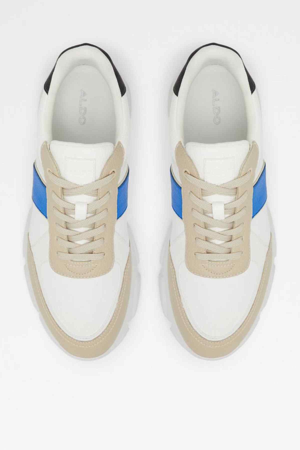 ALDO pair of sneakers with white uppers, blue panels, beige heel accents, laces on