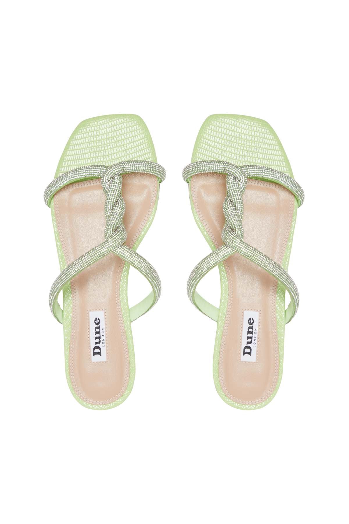 Green toe-loop sandals with rhinestone crossover straps; Dune London logo insoles