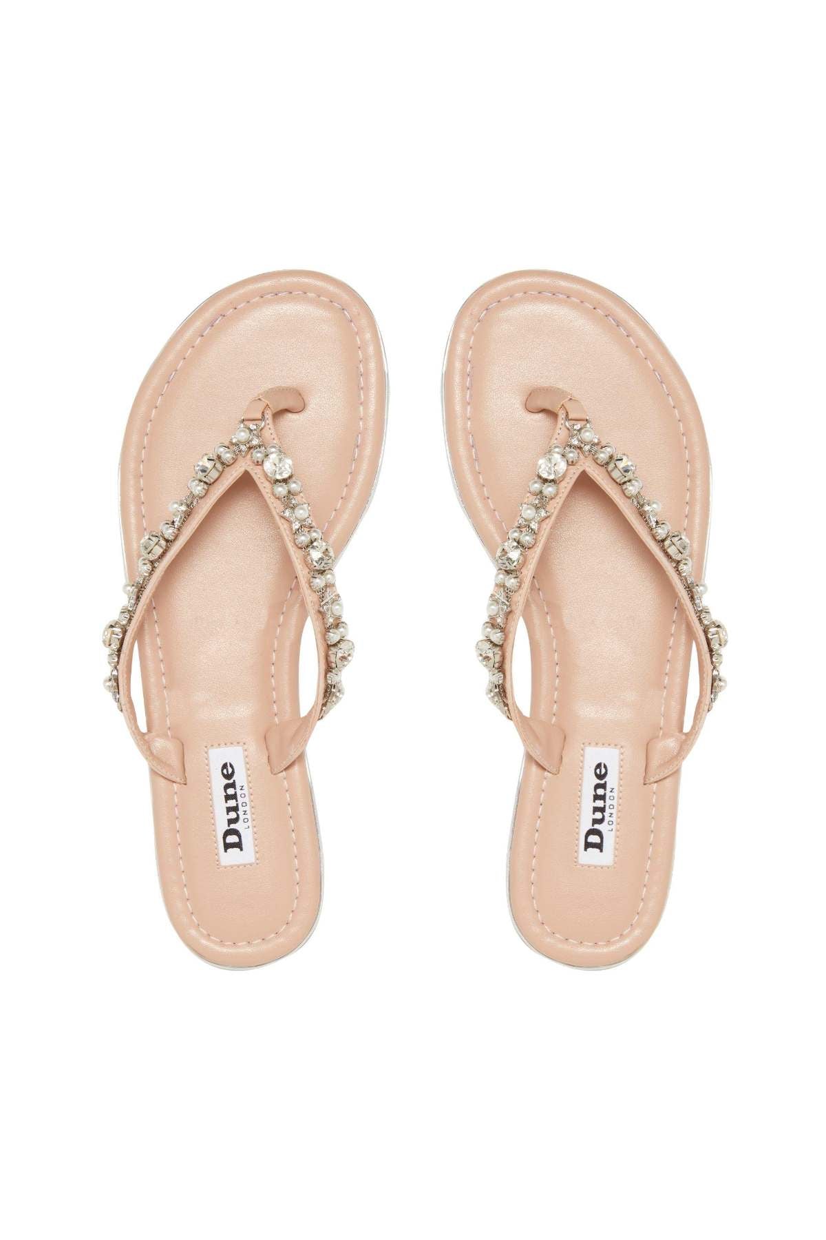 Nude thong sandals with rhinestone T-strap; Dune London logo on footbeds