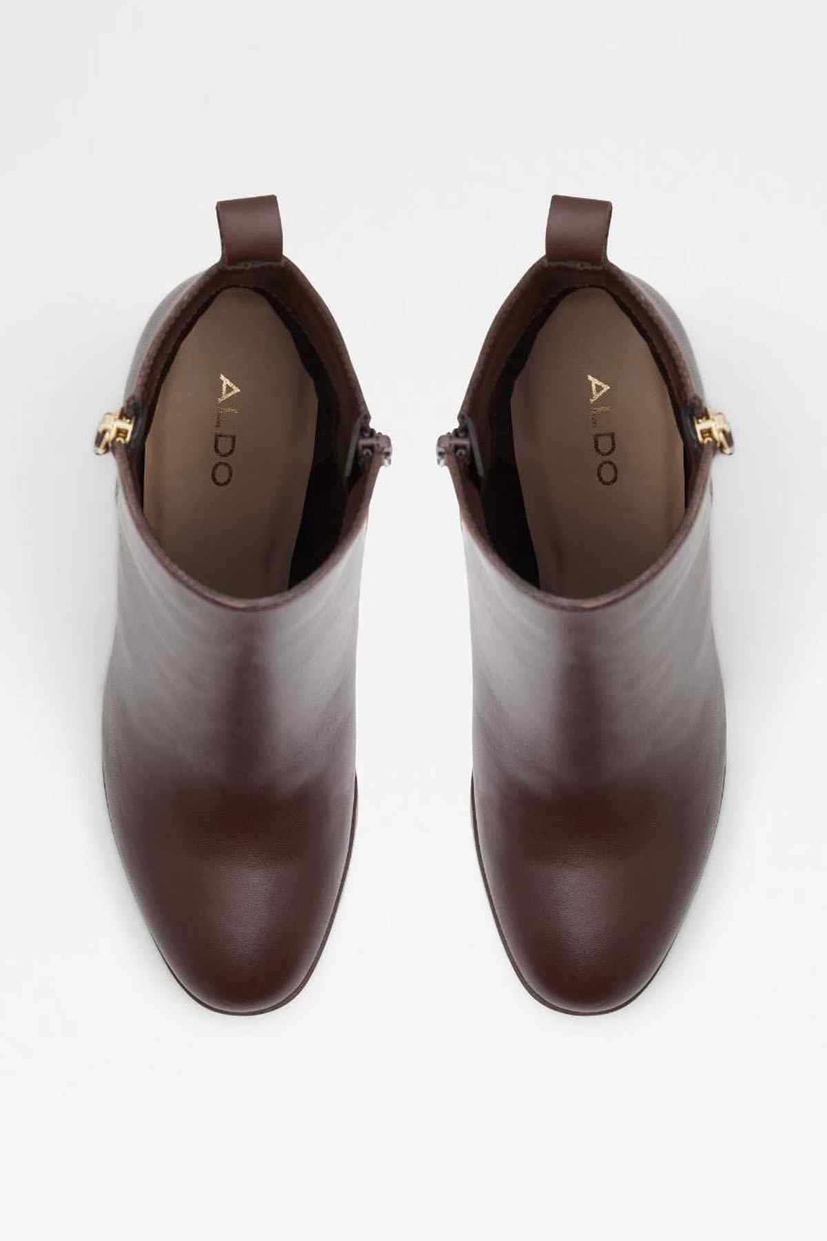 ALDO dark brown ankle boots, padded collar and ALDO logo on insole