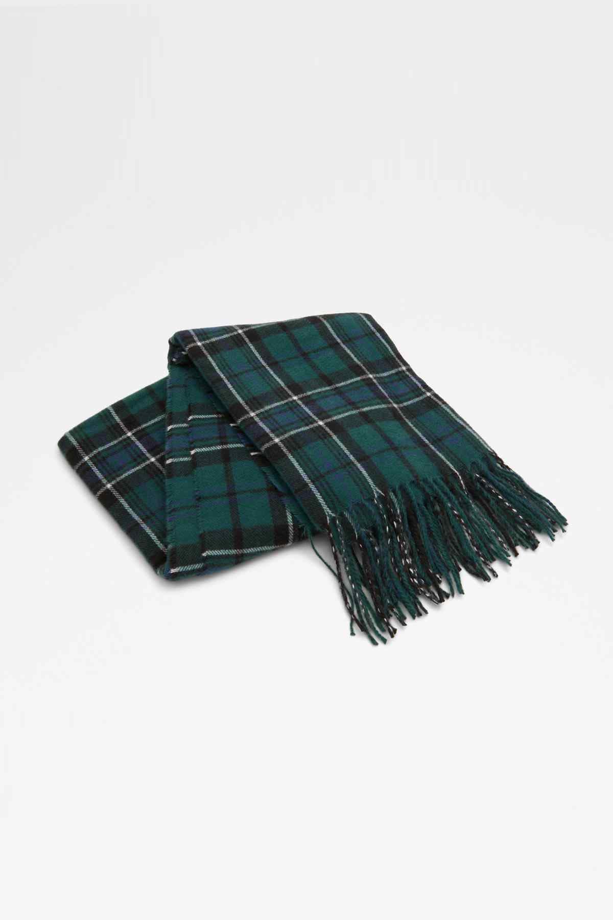 ALDO tartan plaid scarf in dark green with black lines and fringe ends