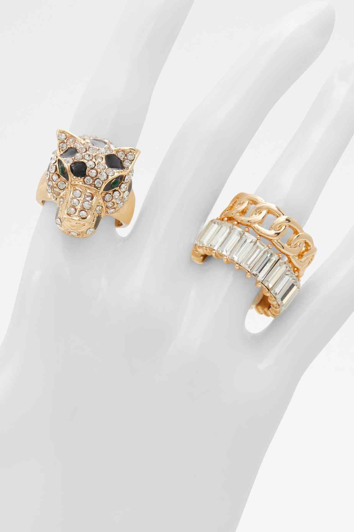 Gold-tone cat-face ring and baguette crystal chain cuff ring