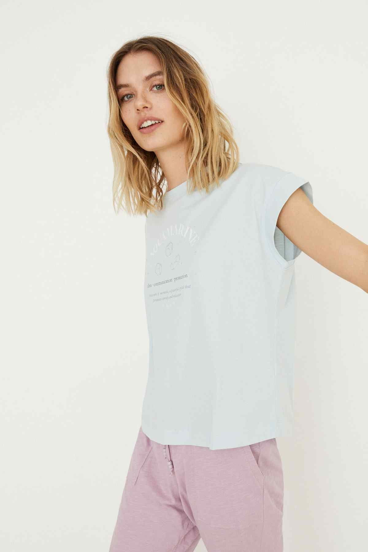 Women'secret light blue crewneck T-shirt with graphic logo, short sleeves