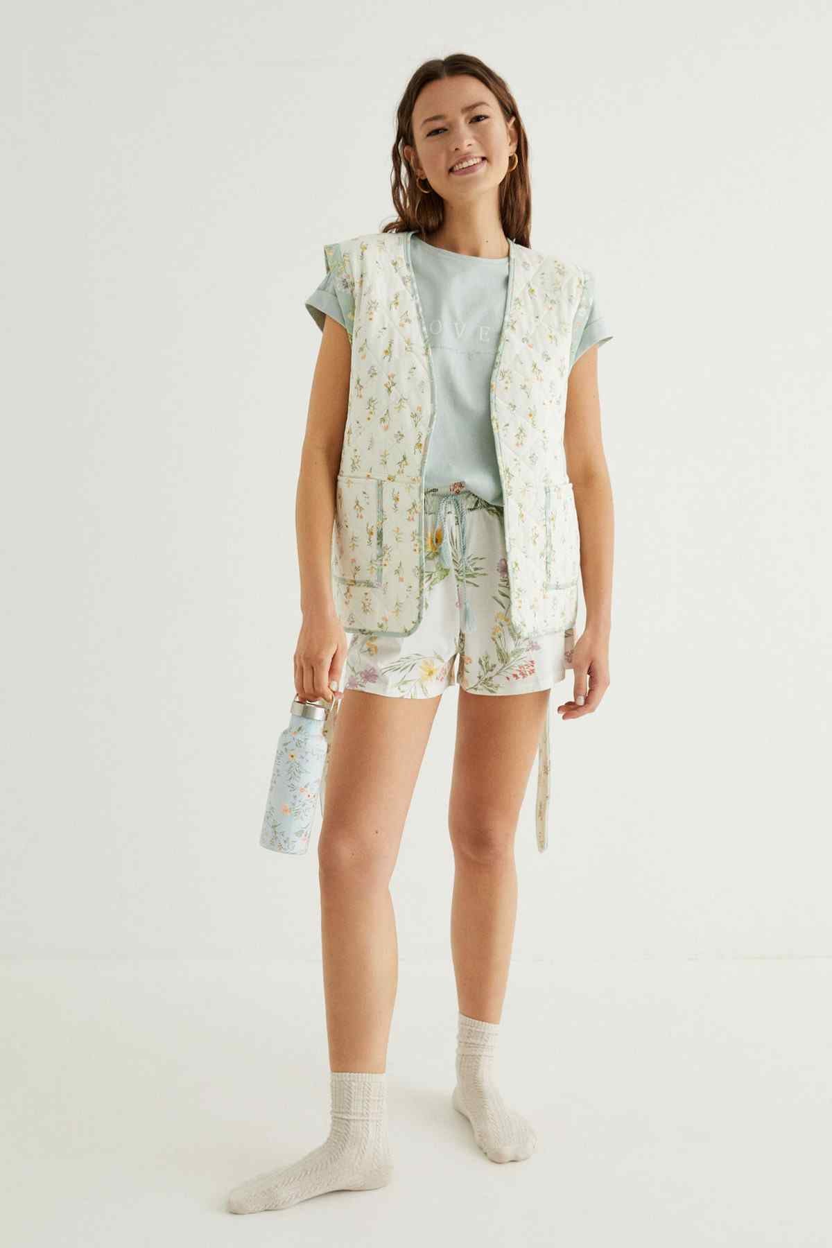 Women'secret floral sleeveless robe over mint T-shirt with matching pajama shorts