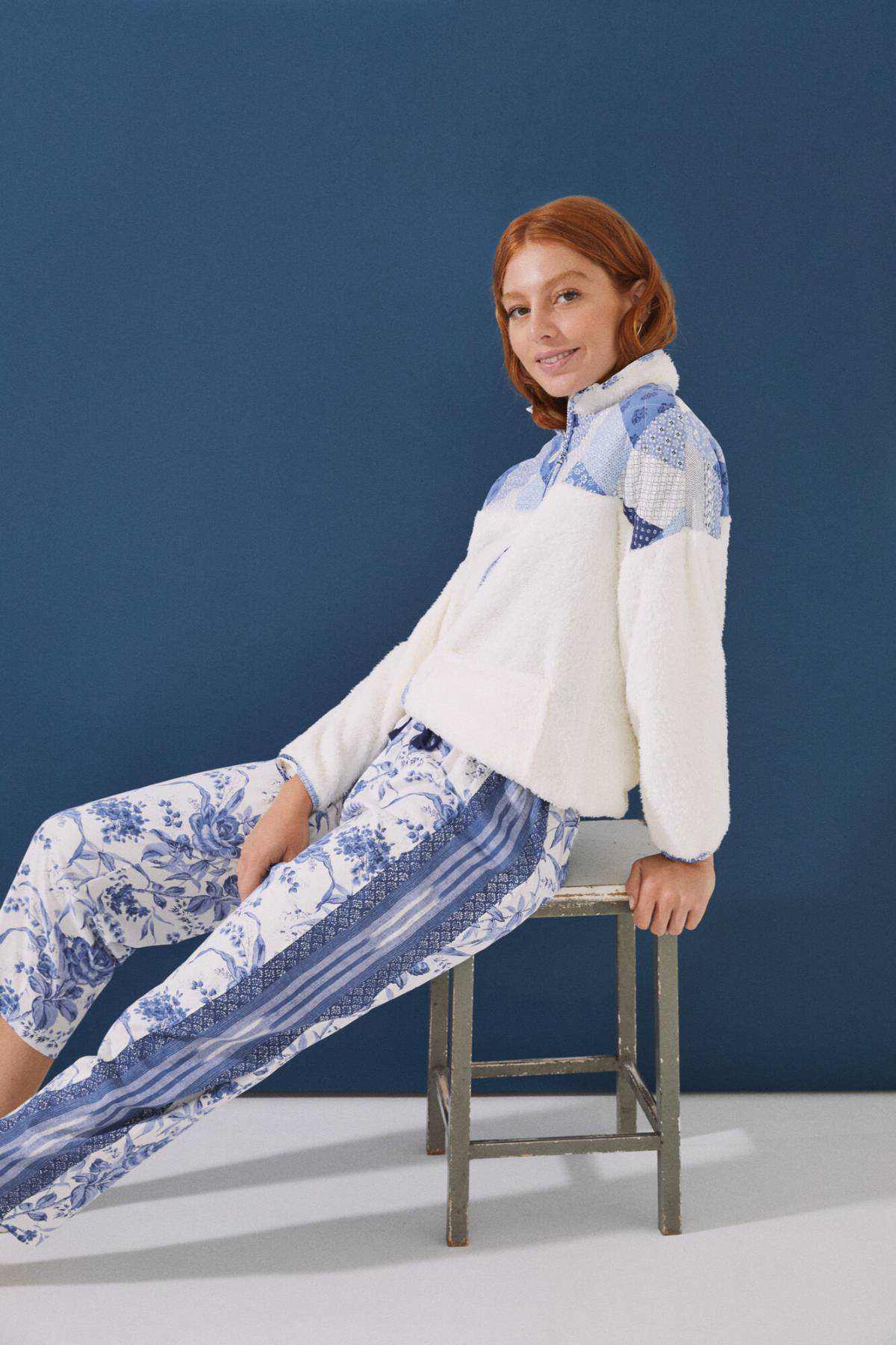 Blue white floral pajama pants with side stripe detail and elastic waist