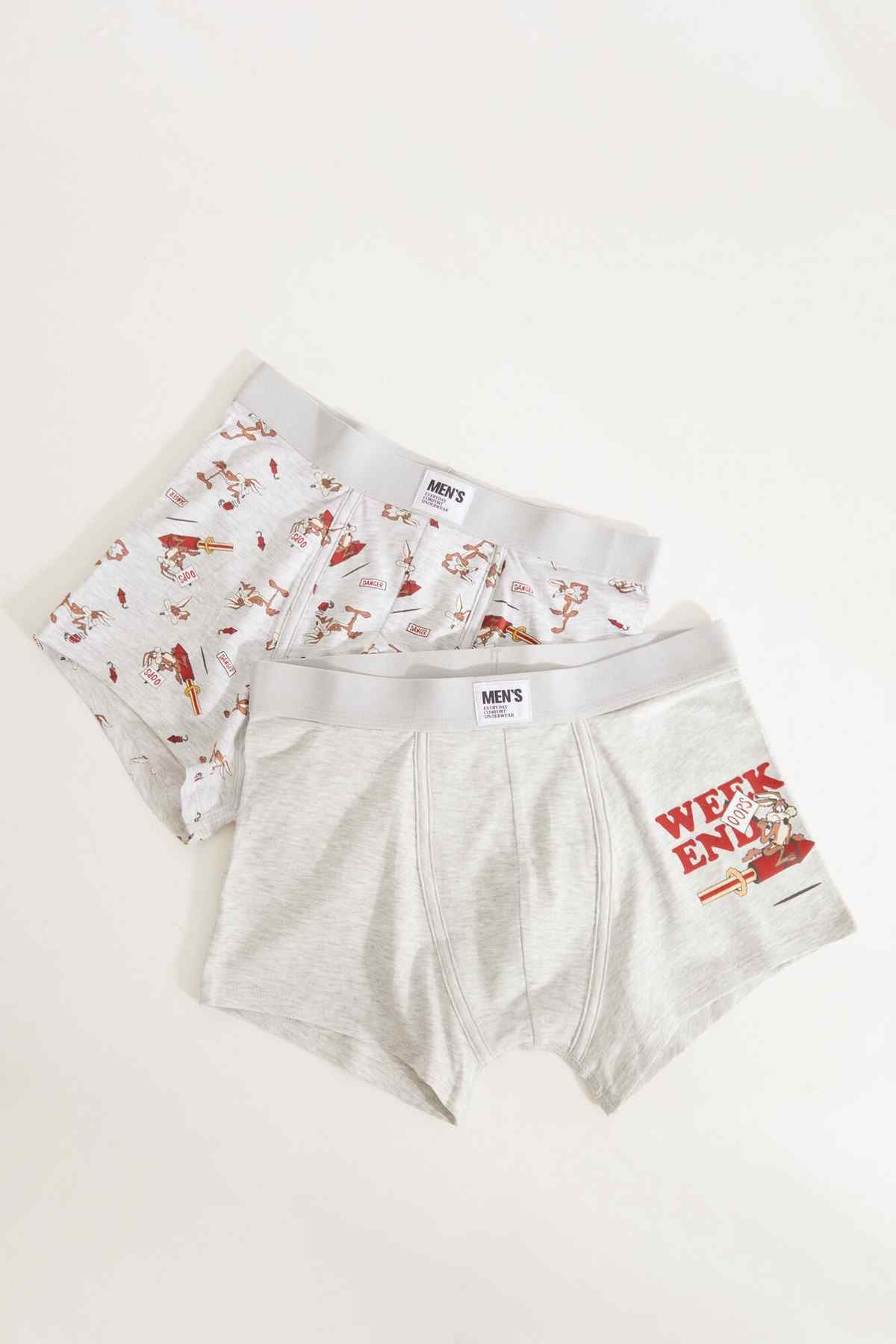 Two-pack boxer briefs: one grey pair and one white printed pair