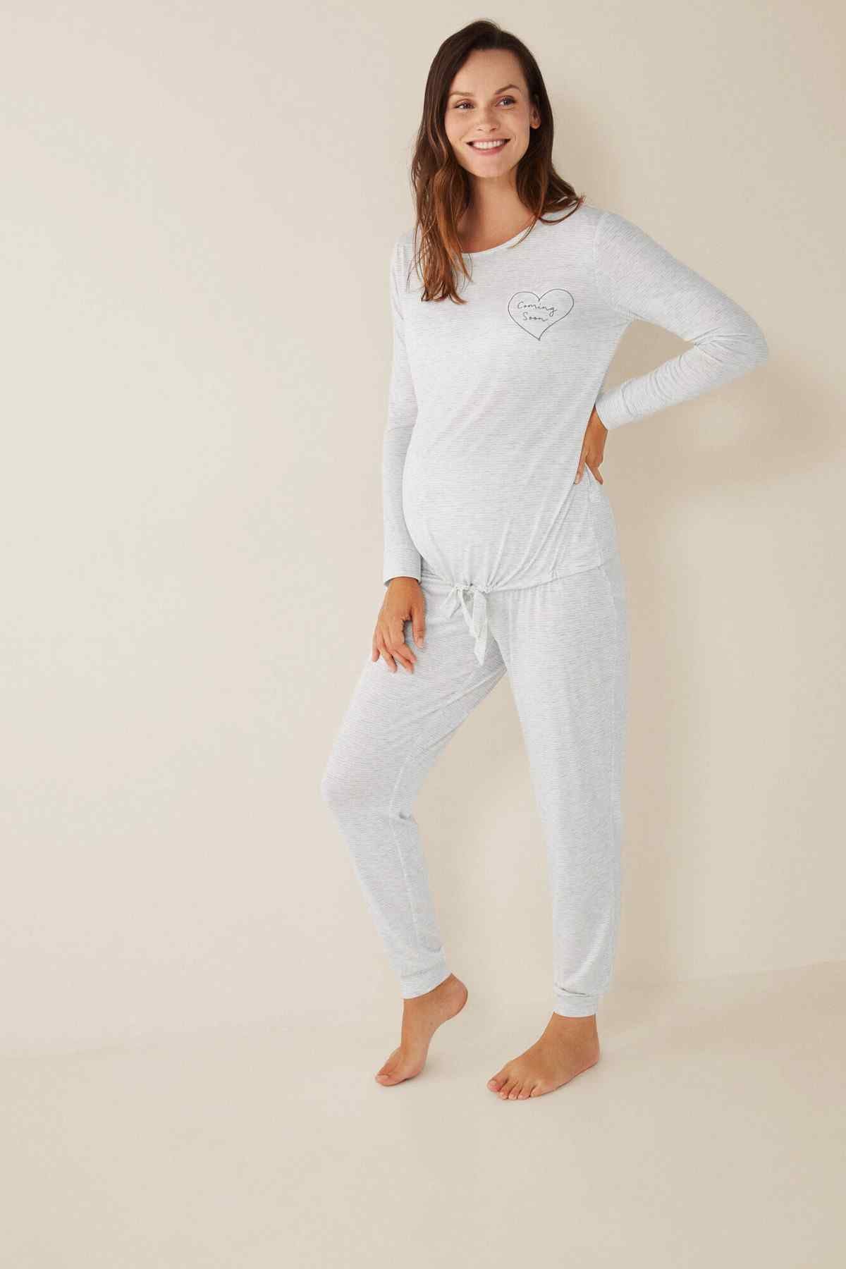 Women’s long-sleeve pajama set, light gray with heart chest print and matching jogger pants
