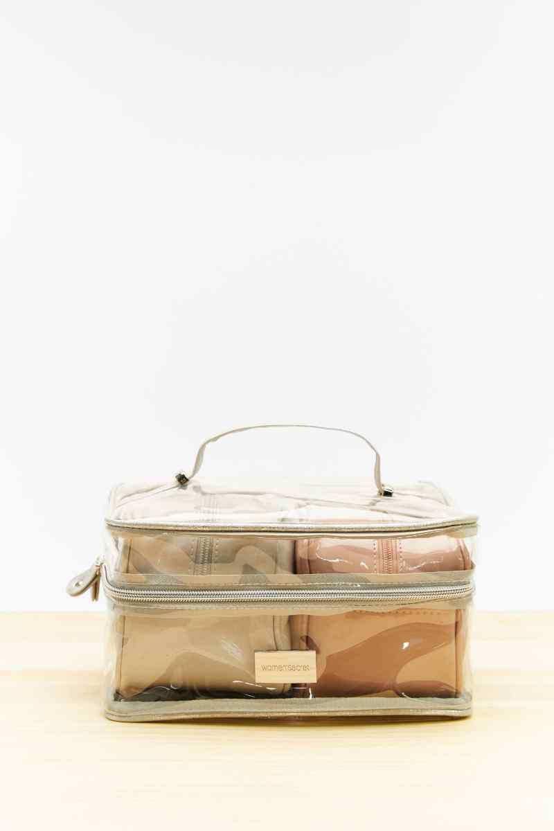 Transparent makeup bag with handle, zip closure, tan lining