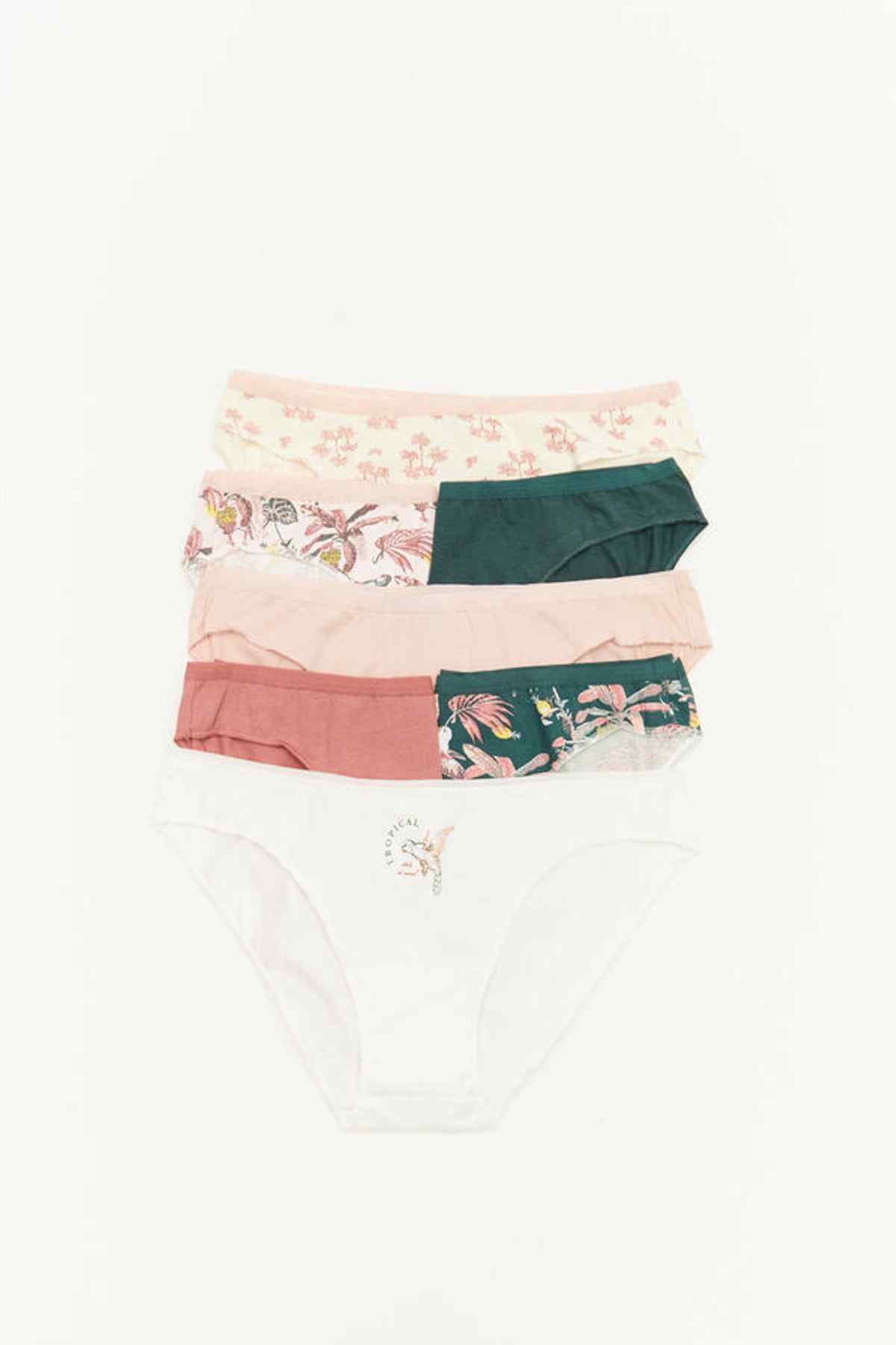 Multicolor women's panties set with mixed prints and solid green waistband