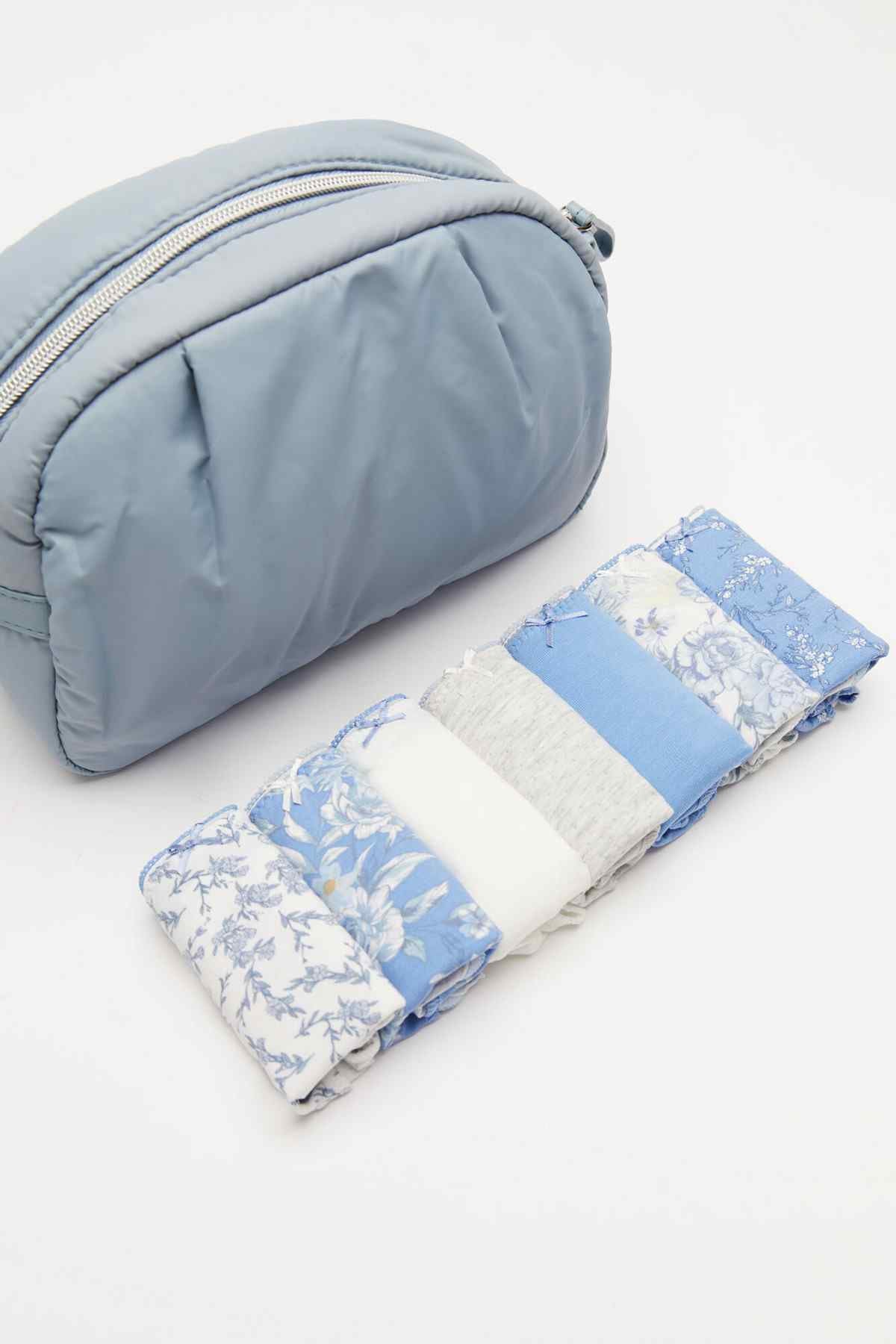 Women'secret blue lingerie set in a zip pouch: bra and printed briefs, folded