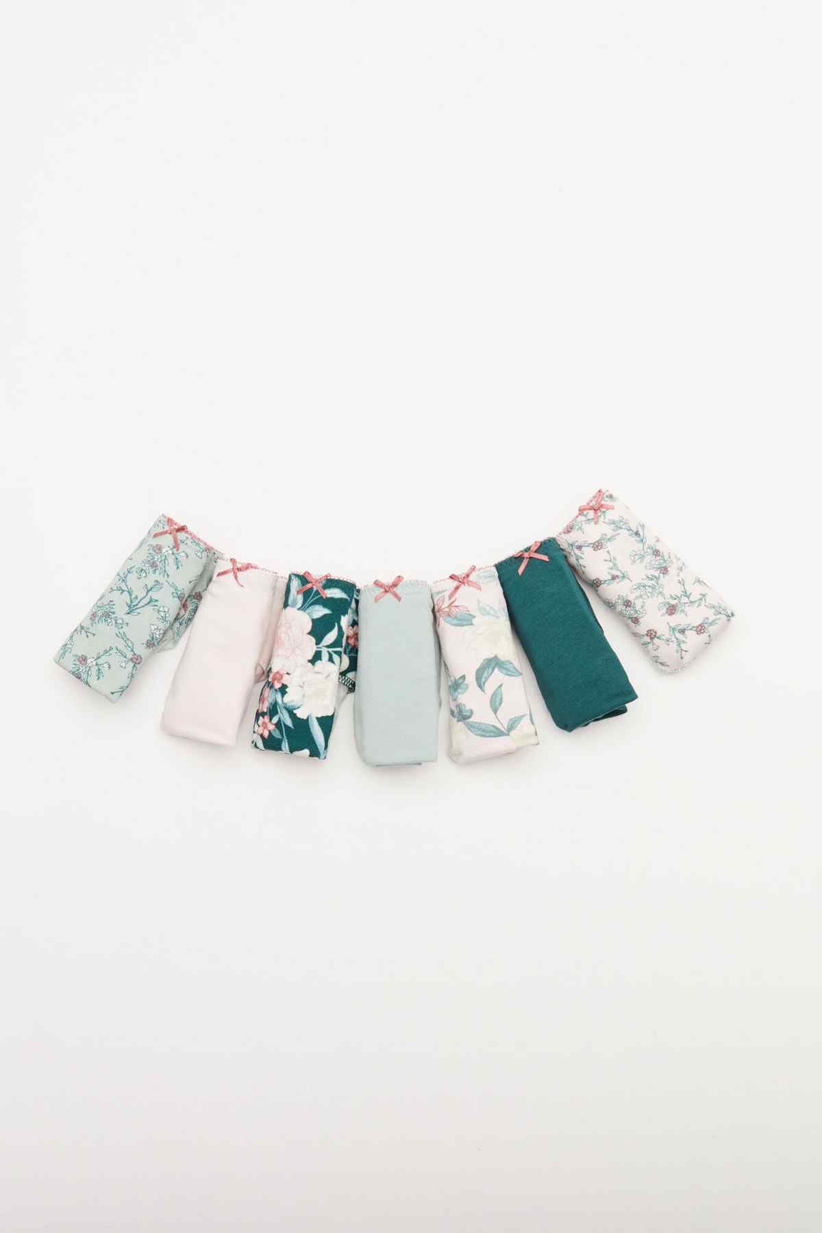 Floral bikini briefs front waistband with teal-and-white bow details