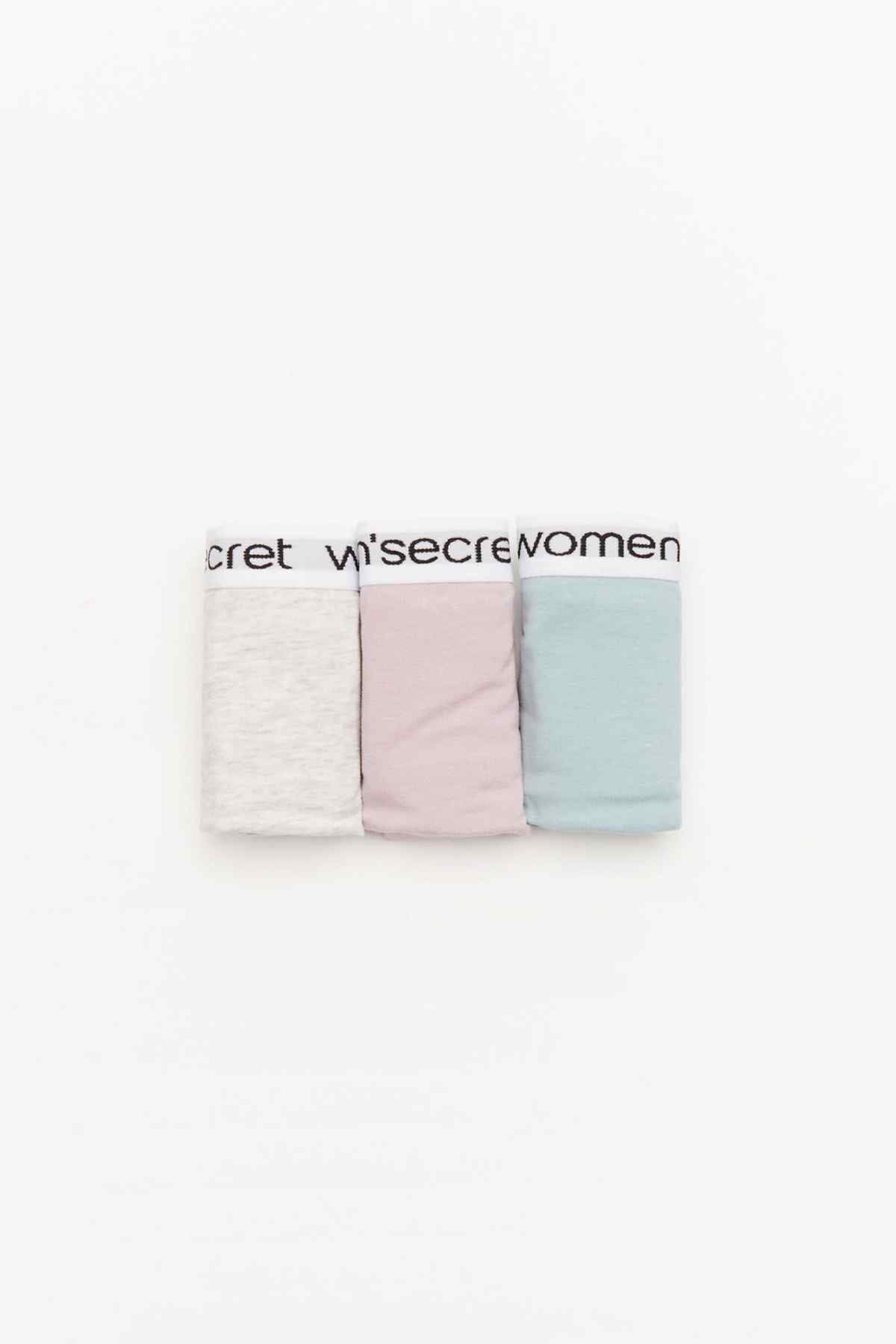 Women'secret three-color bikini briefs: gray, pink, and light blue, folded with logo