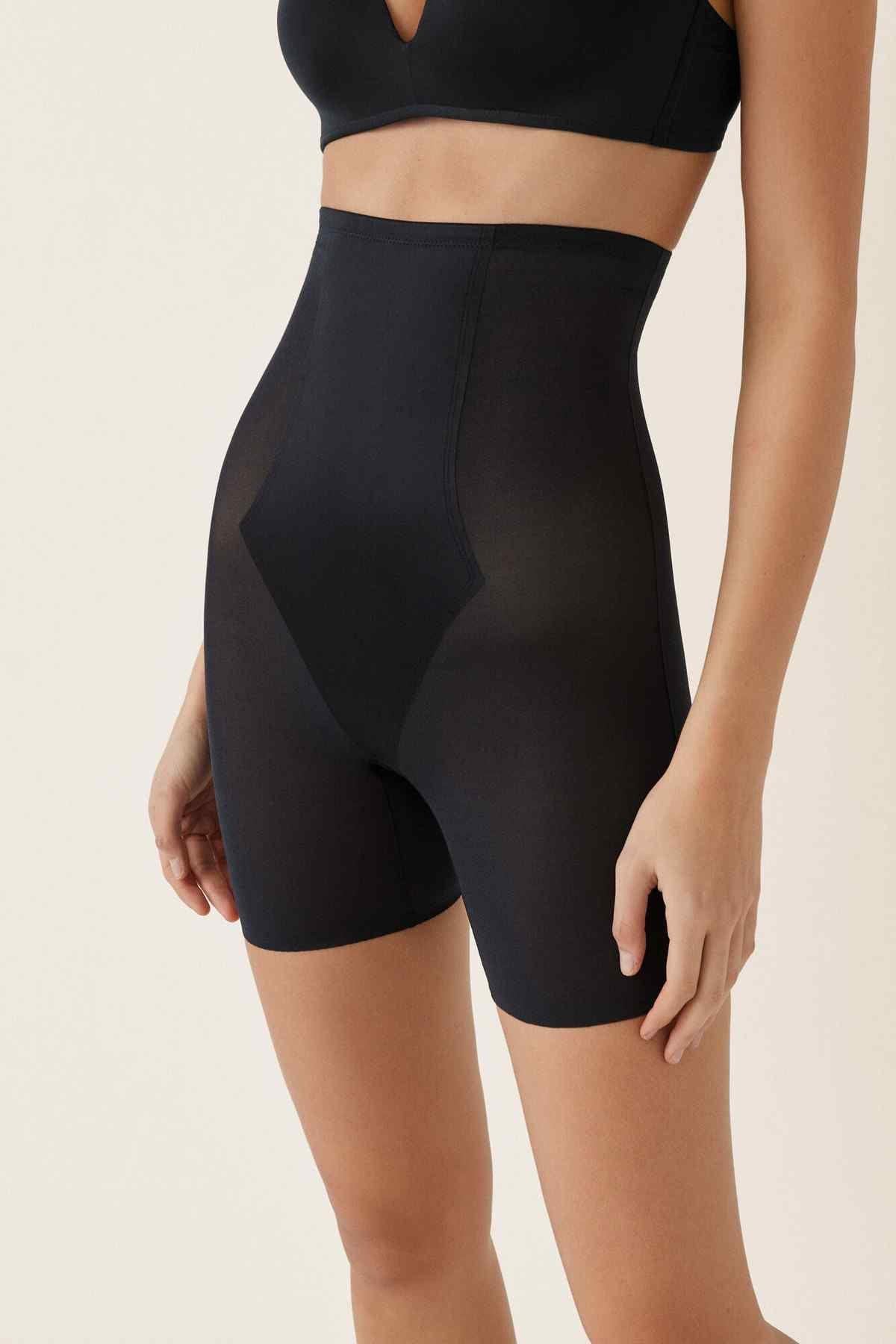 Women'secret black high-waist shaping shorts, curved seam detail