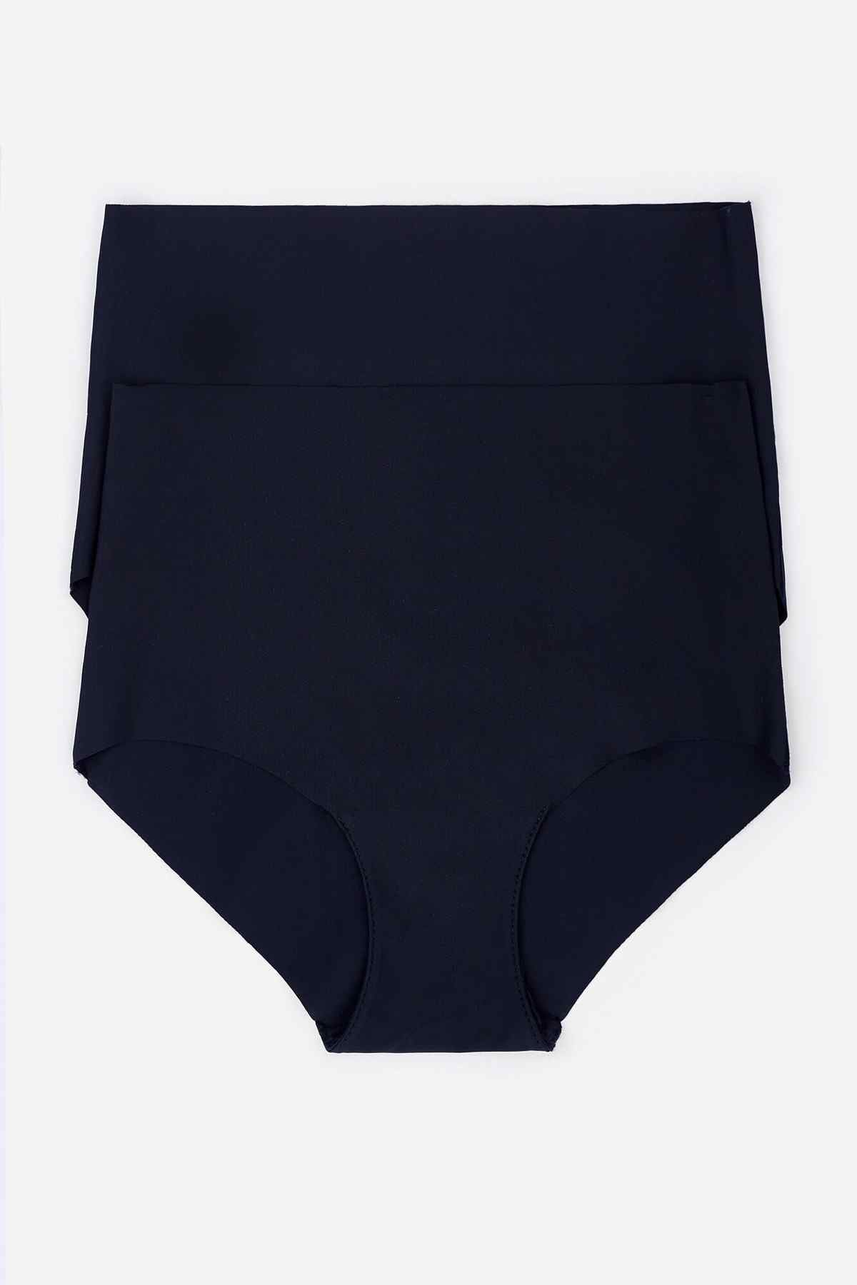 Flat black high-waist briefs with smooth front panel