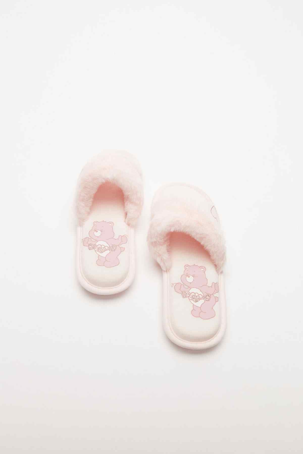 Women'secret pink fuzzy-lined slide slippers with bear face print on top