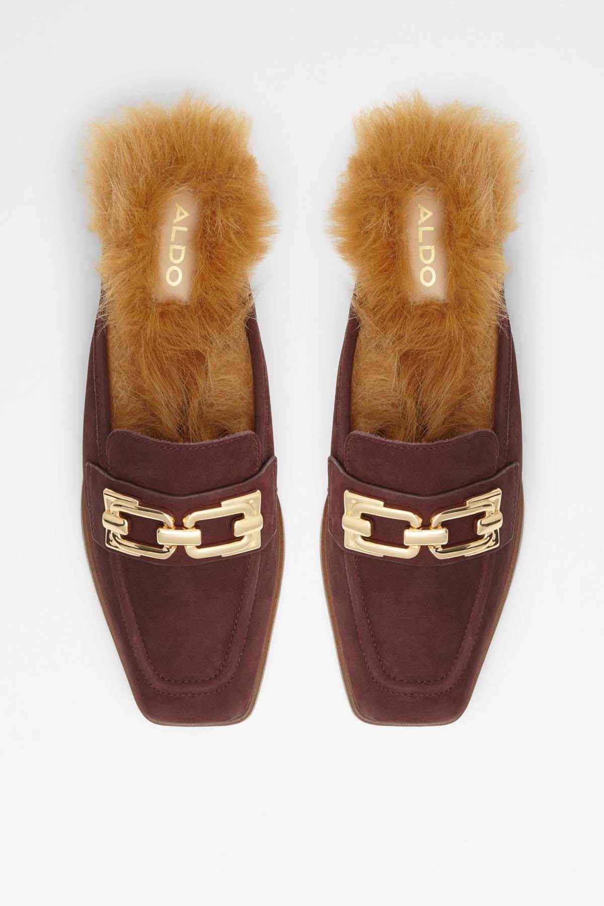 Dark brown suede mules with gold chain buckle, tan faux-fur lining, ALDO on insole