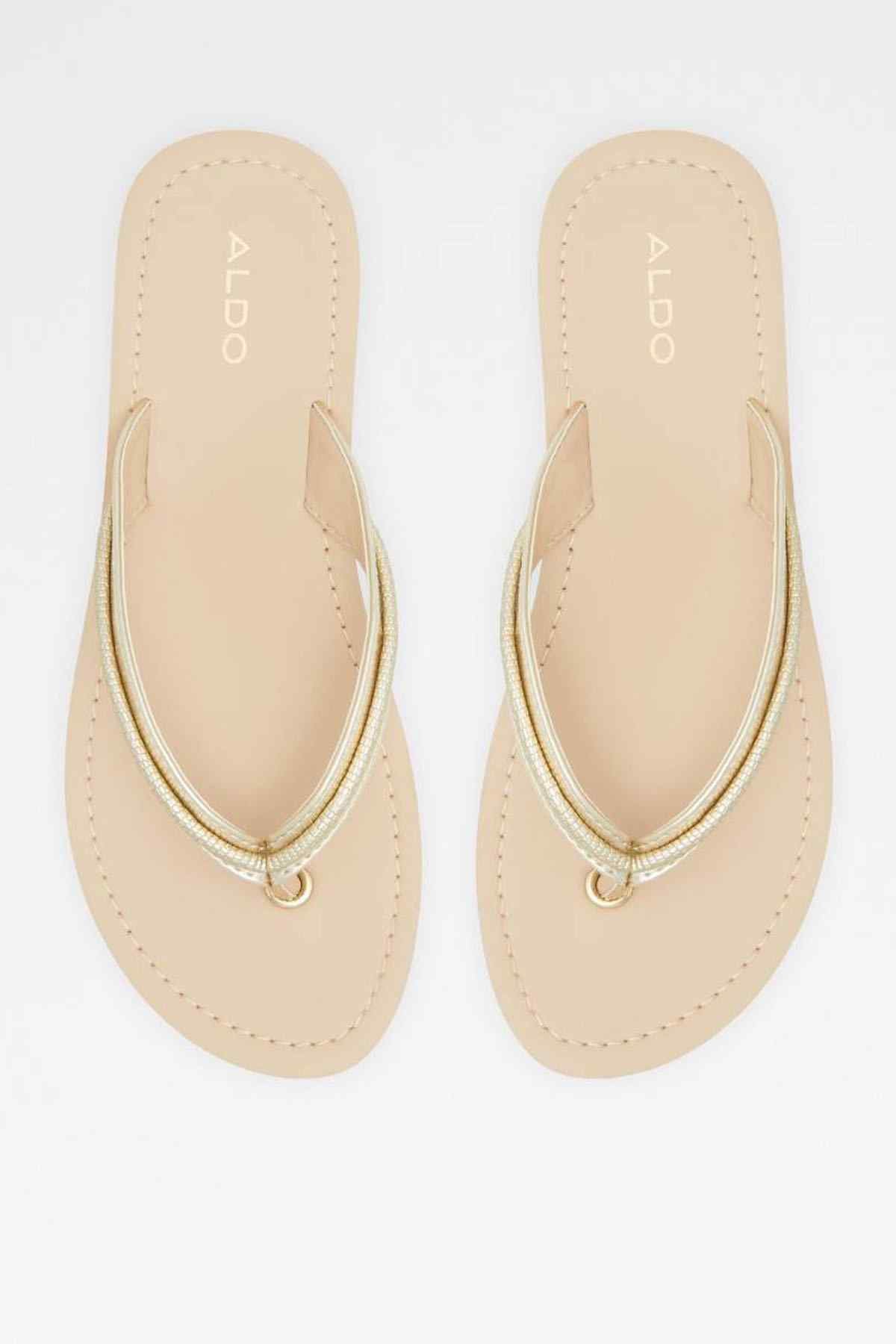Champagne thong sandals with ALDO logo on footbed and double-loop toe strap
