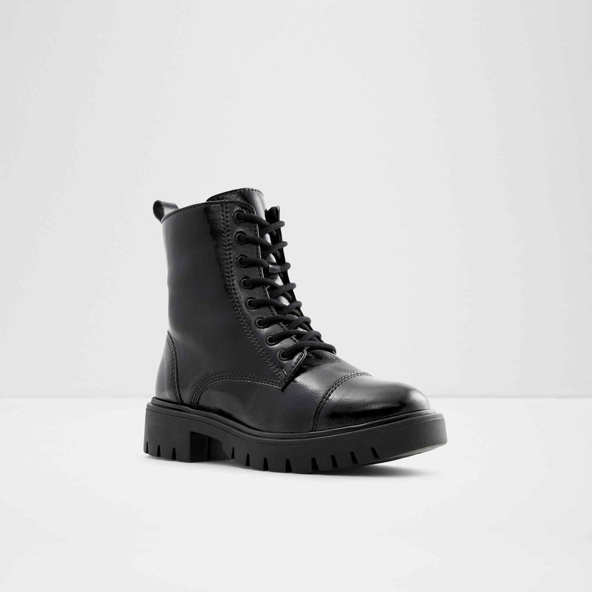Black lace-up ankle boot with padded collar and chunky tread sole