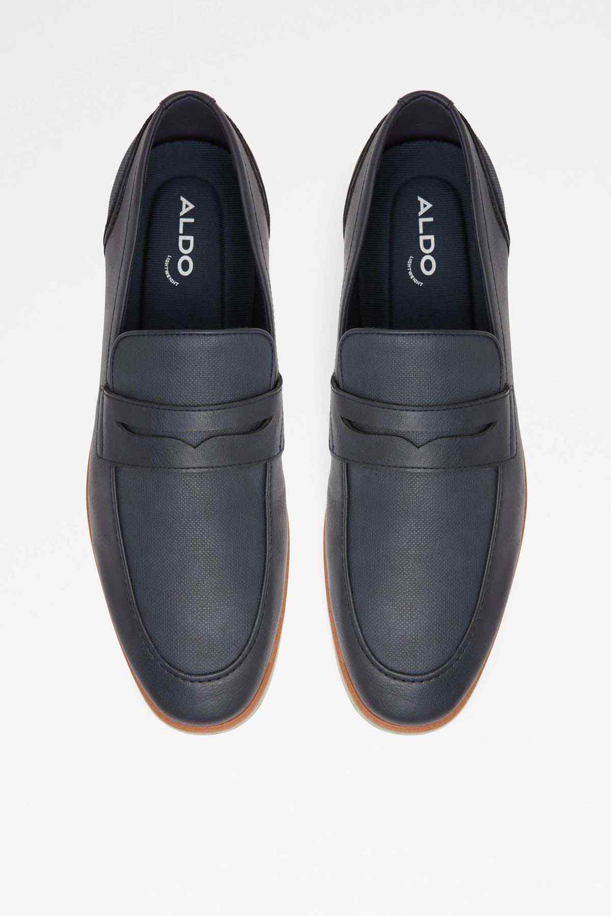ALDO navy slip-on loafers, logo on lining and stitched vamp seam