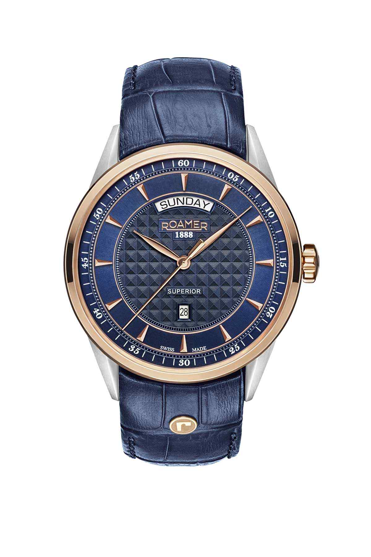 ROAMER wristwatch with blue leather strap, gold-tone case, blue dial