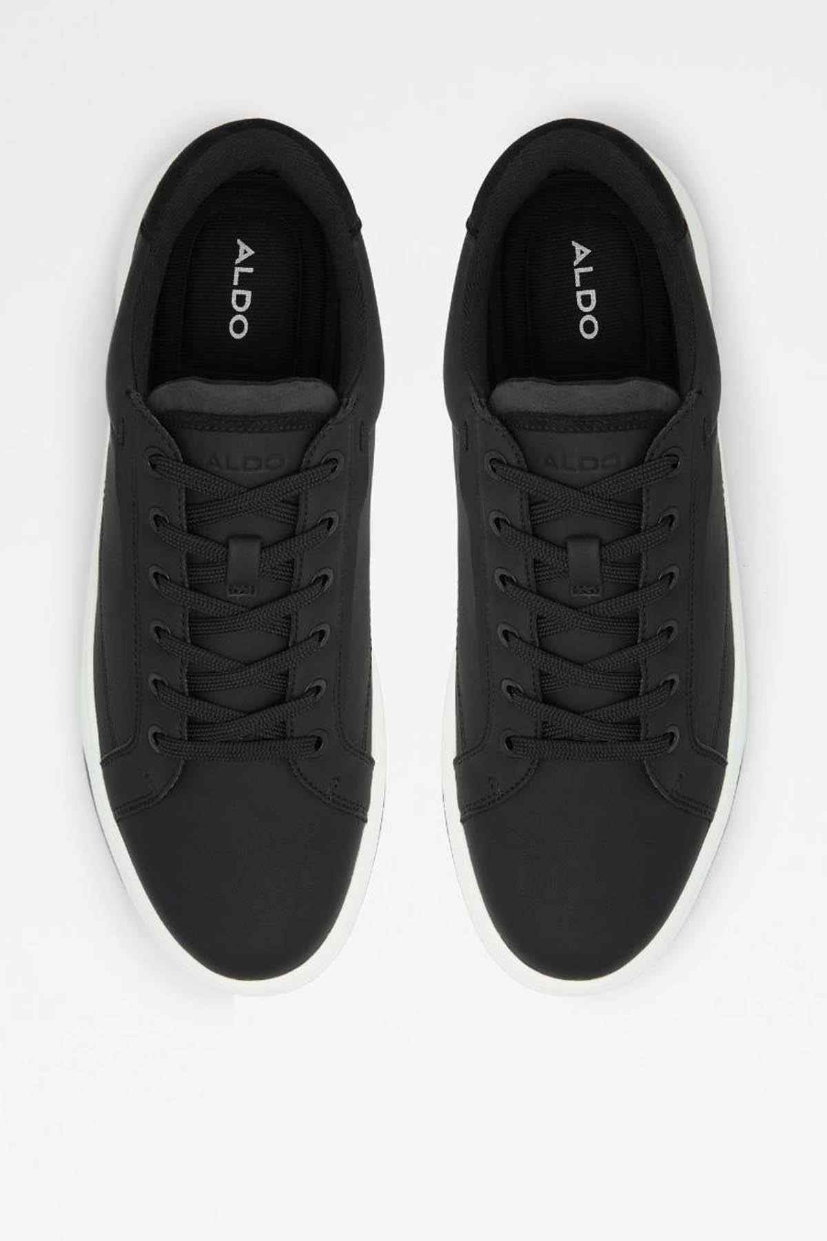 Black ALDO lace-up sneakers, top view pair with brand logo on tongue