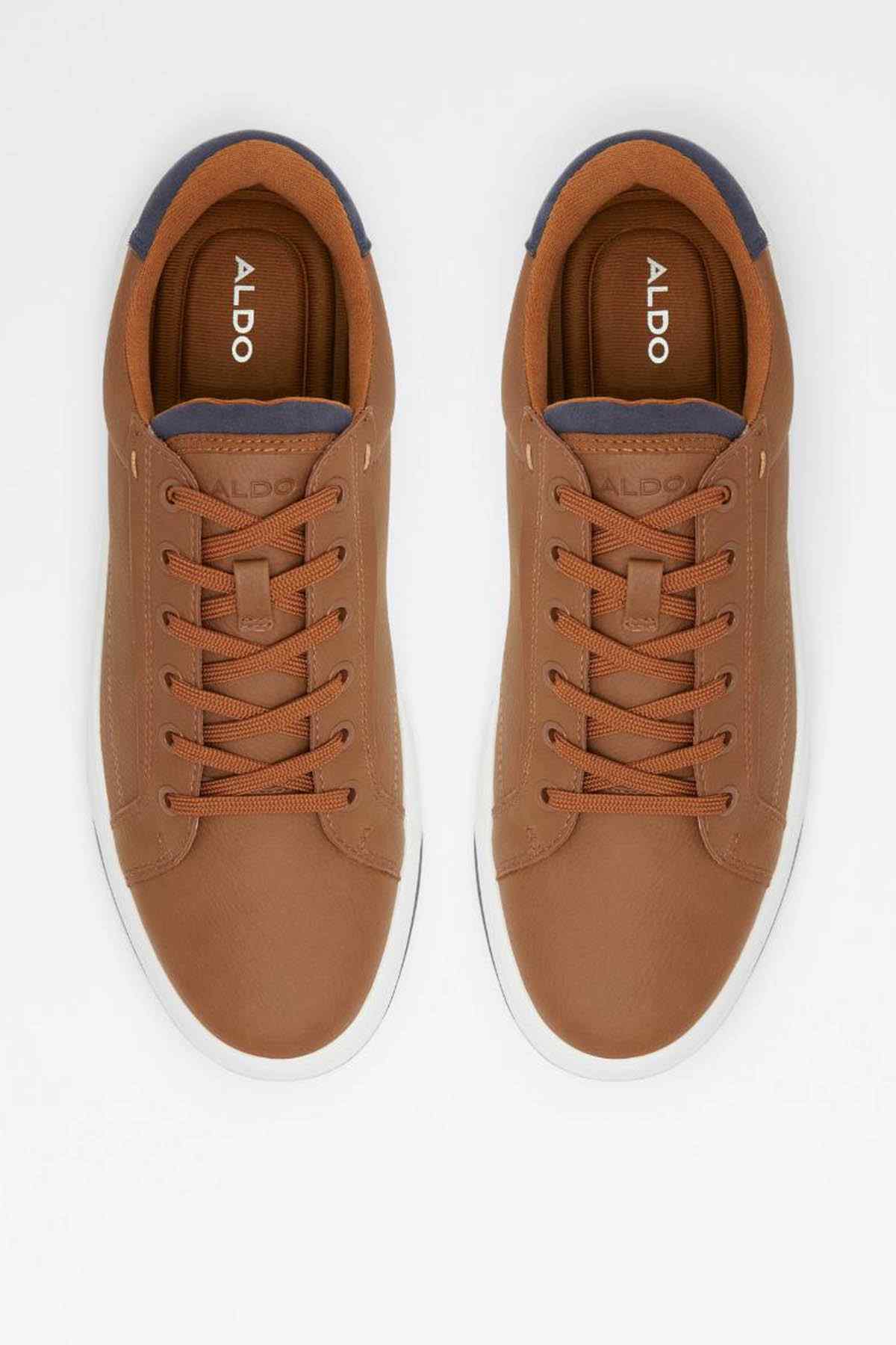 Cognac sneakers with lace-up front; ALDO logo on insole; navy lining