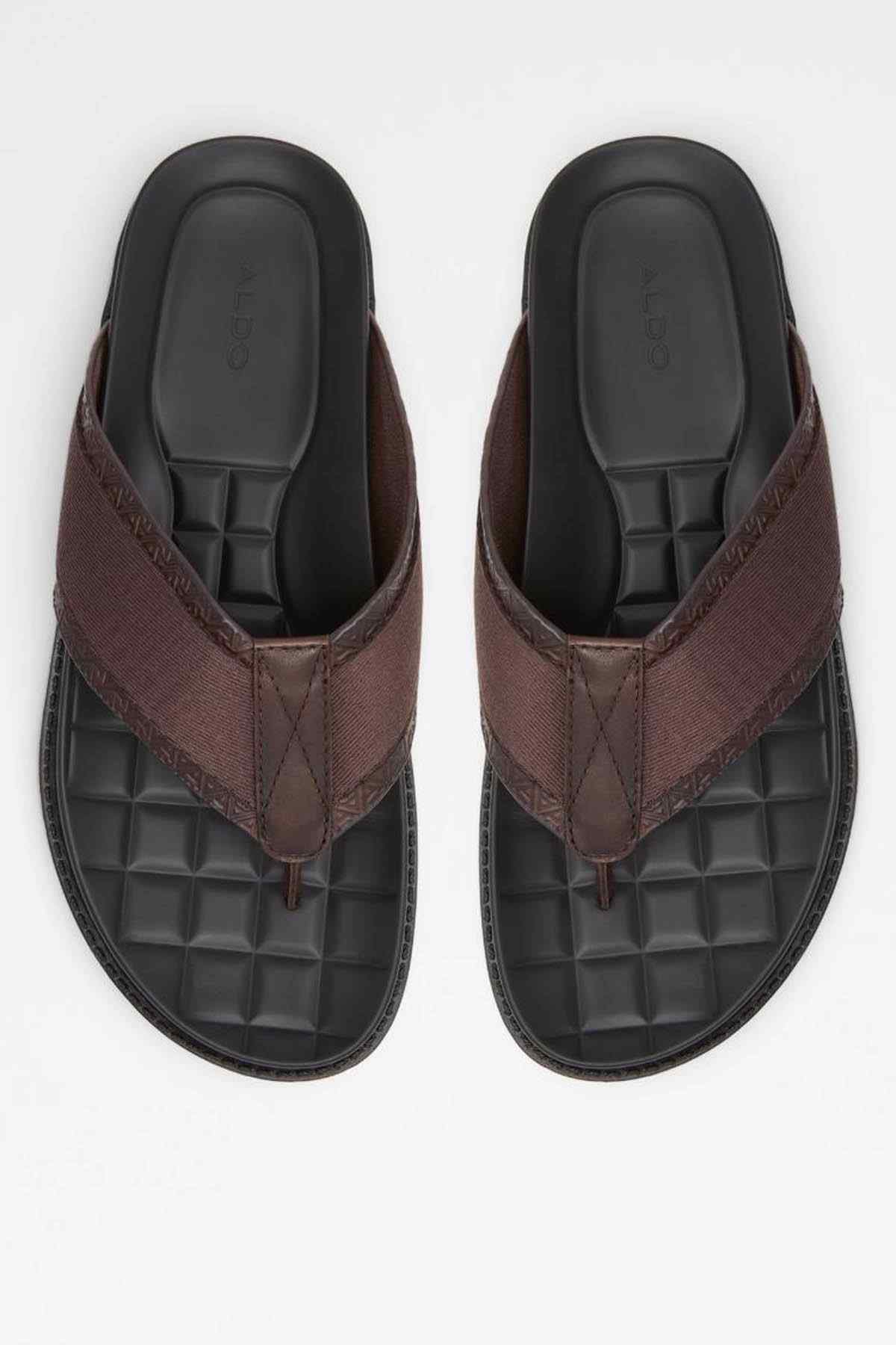 ALDO dark brown slide sandals, pair view, quilted black footbed with cross strap