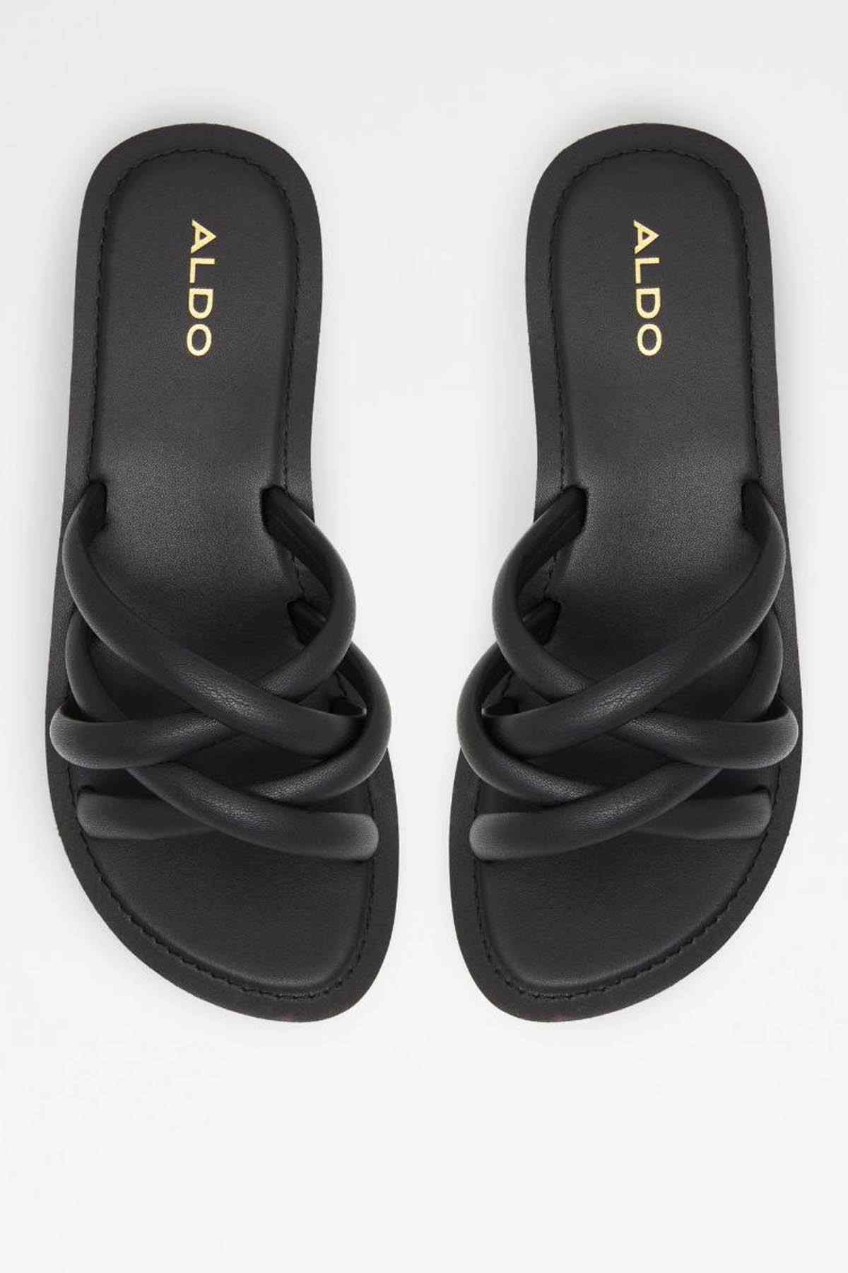 ALDO black slide sandals with braided straps and ALDO logo footbed
