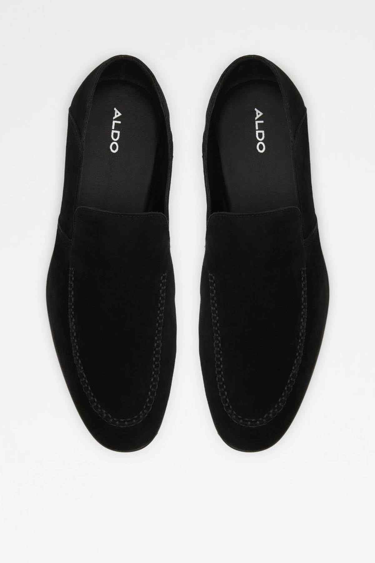 ALDO black suede slip-on loafers, pair showing stitched uppers and ALDO logos