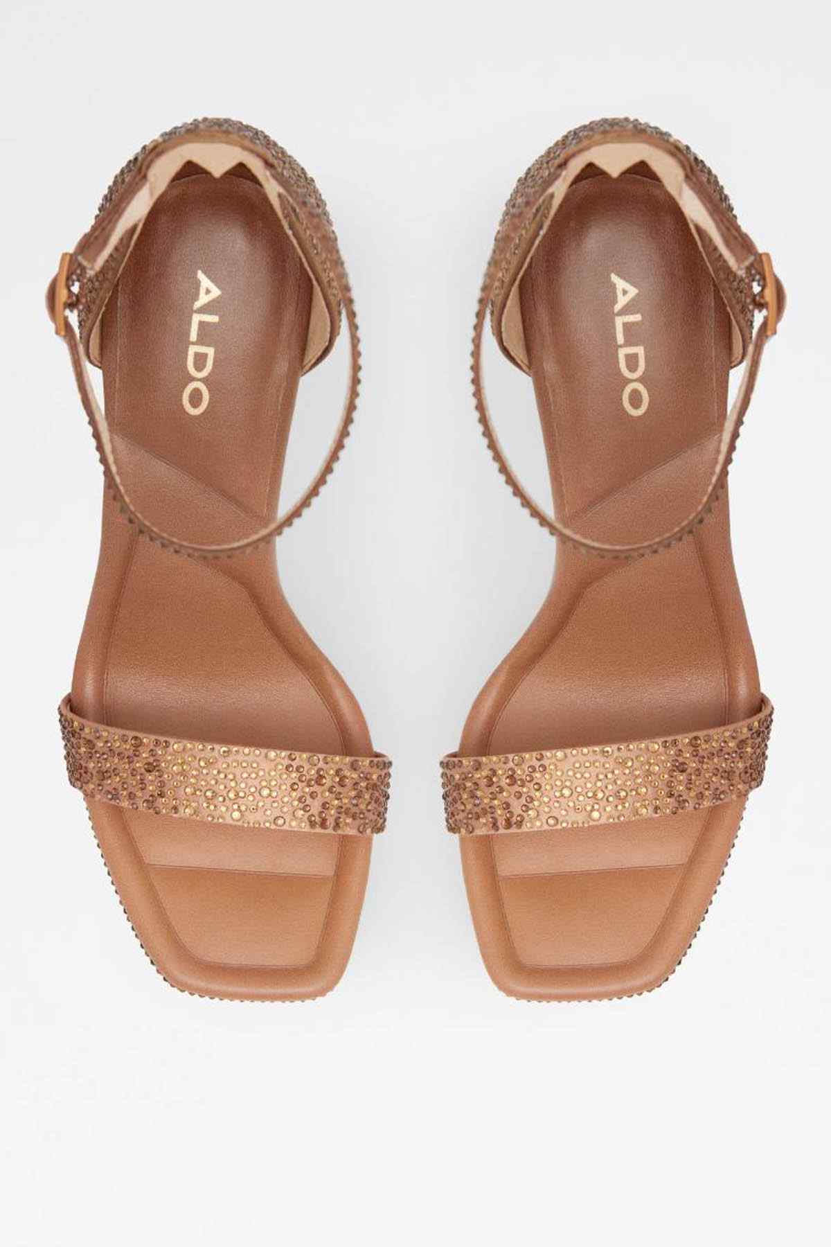 Medium brown studded platform high-heel sandals, ankle strap, open toe (pair)