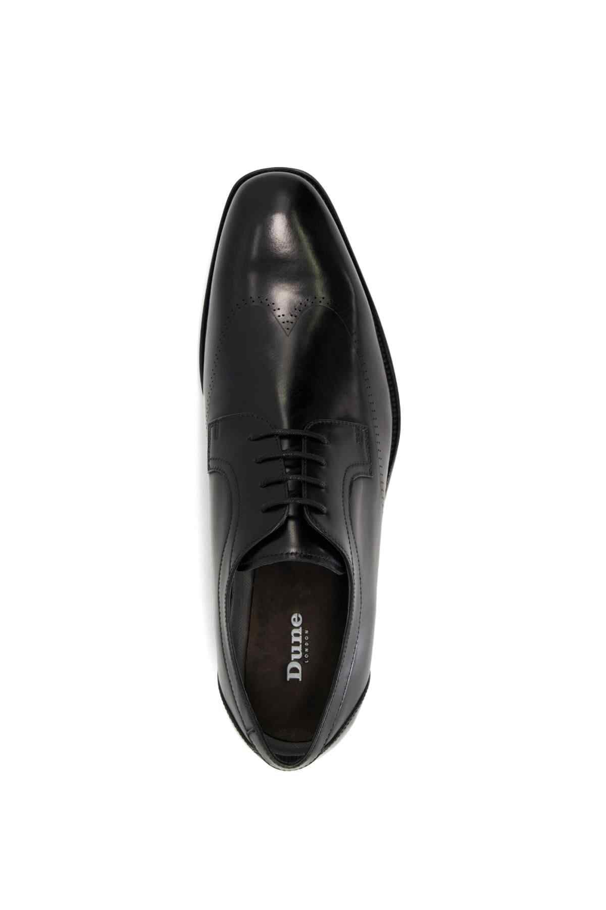 Black leather lace-up oxford shoe with Dune logo on tongue and rounded toe