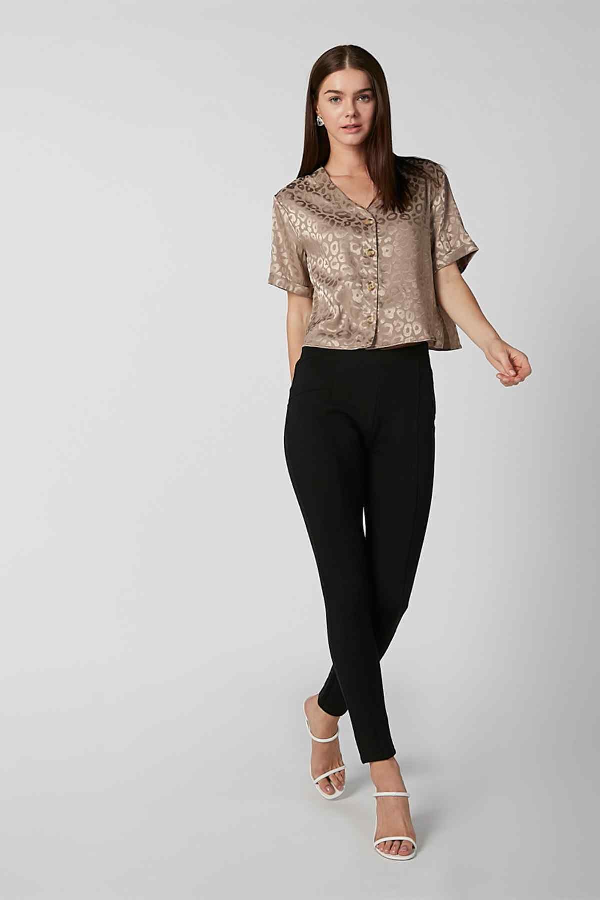 Brown patterned short-sleeve blouse with button front and scoop neckline