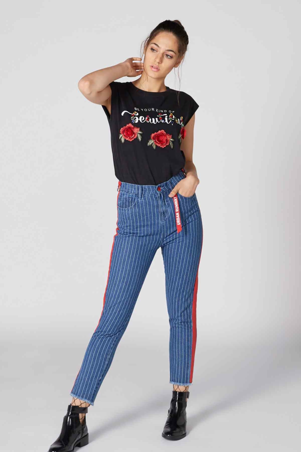 Black graphic T-shirt with roses and cursive slogan, short sleeves