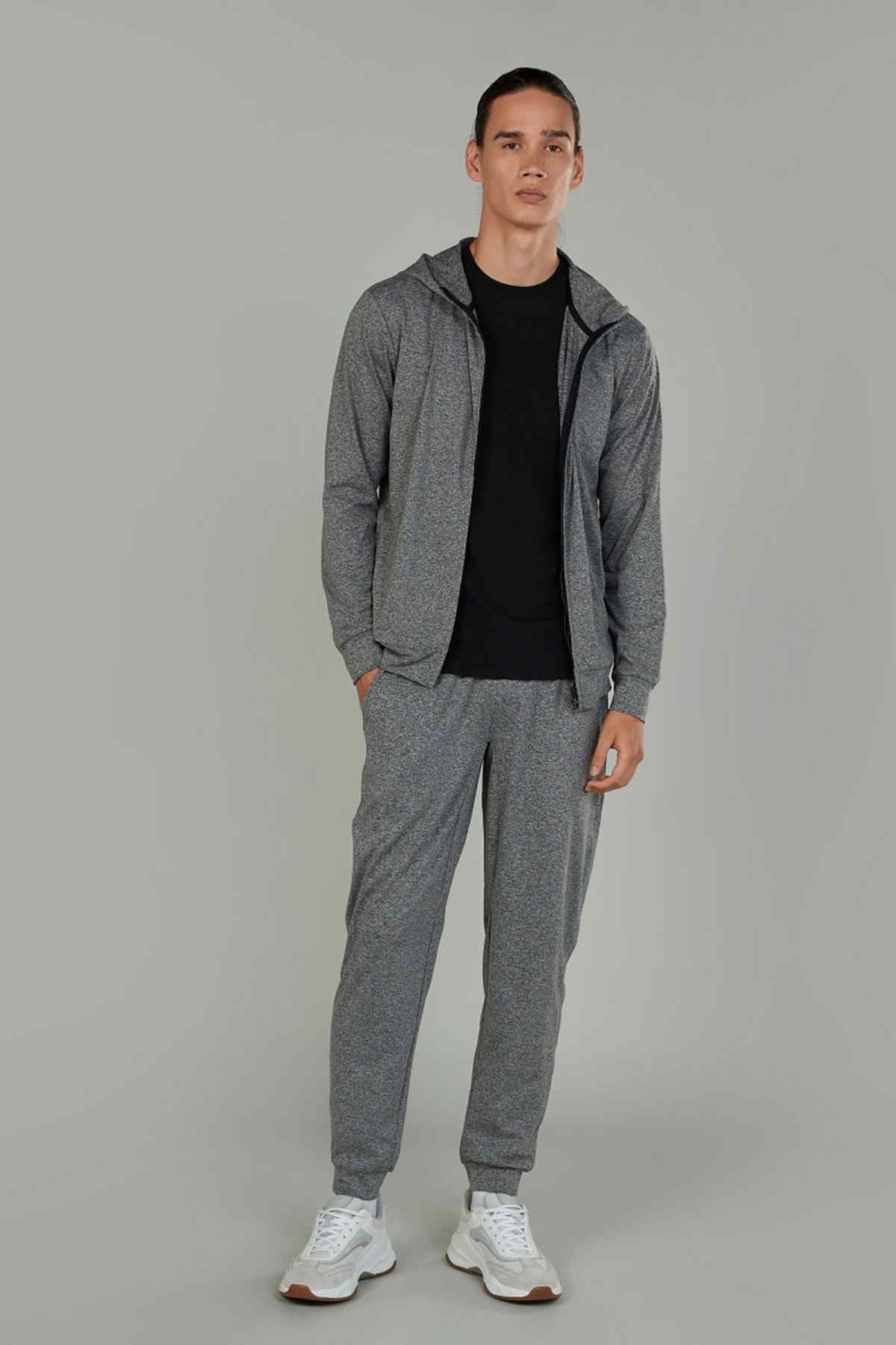Men's heather gray zip hoodie and matching jogger pants set