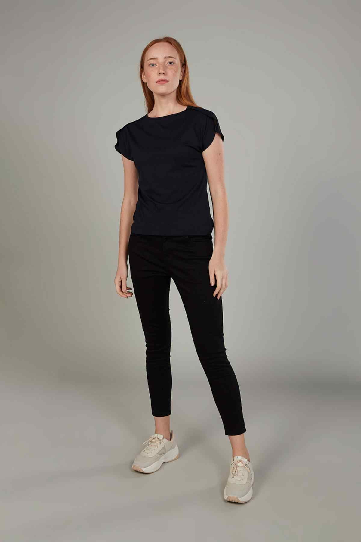Splash navy crewneck top with puffed, draped short sleeves