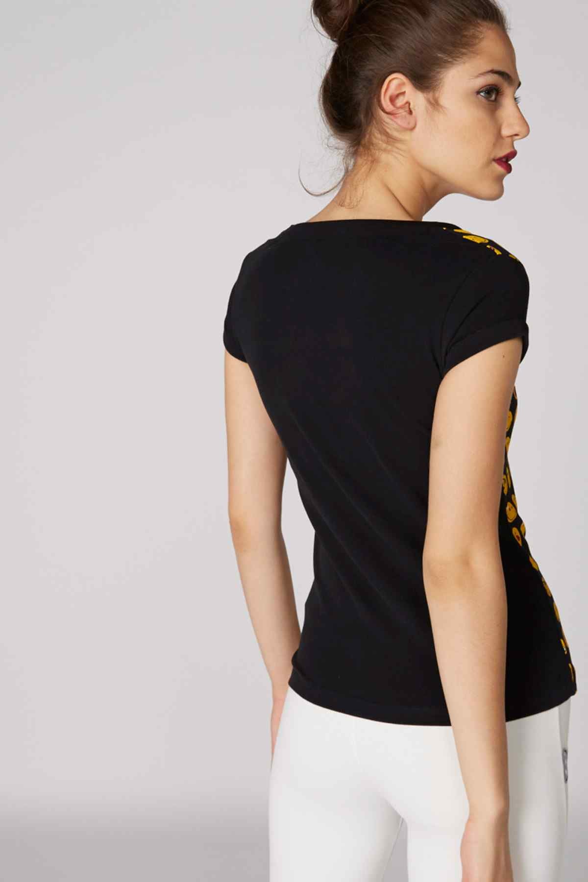 Women's black T-shirt back with yellow smiley face print and short sleeves
