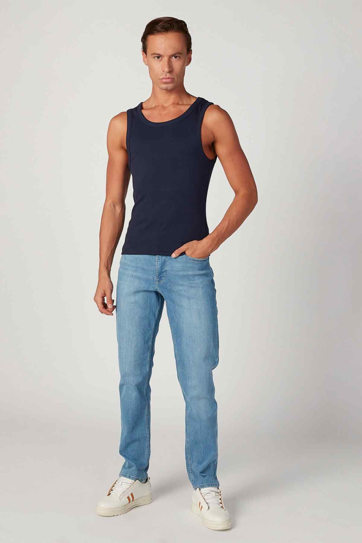 Men's navy crew-neck tank top, sleeveless, worn with light blue jeans