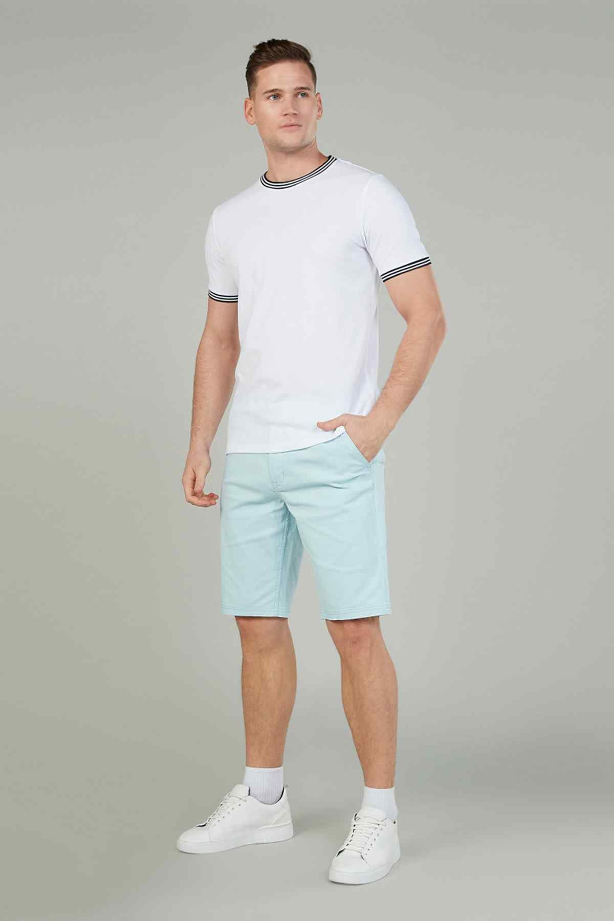 Light blue knee-length shorts with button front, belt loops, and side pockets