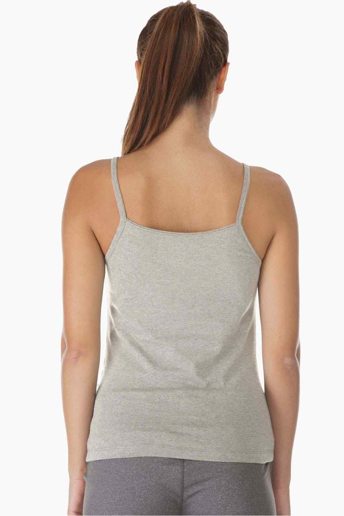 Women's dark grey camisole tank with thin straps, scoop back, back view