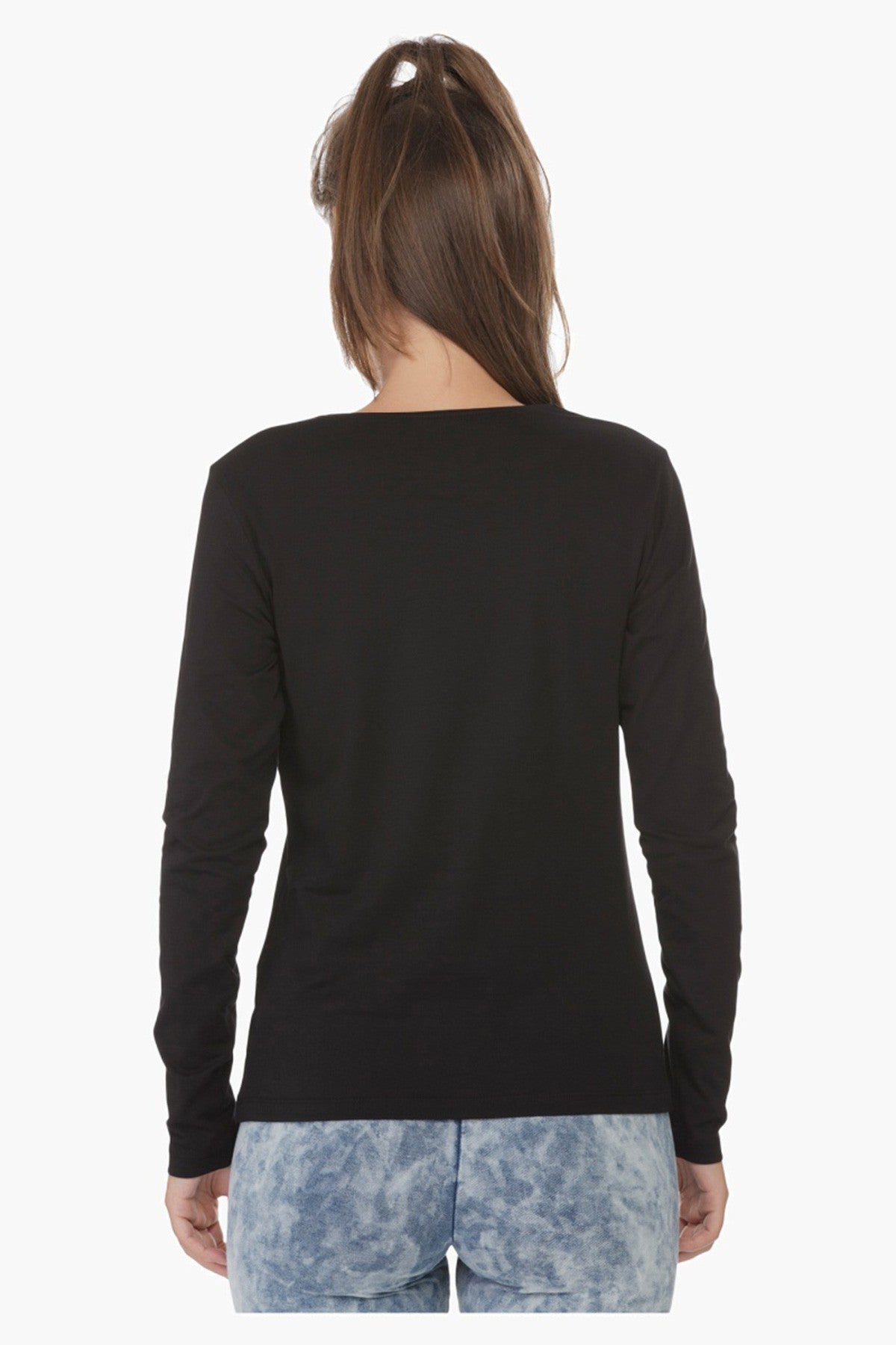 Black long-sleeve crewneck top from back view, straight hem