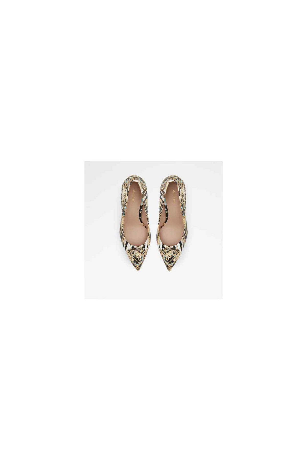 Black multi patterned pointed-toe heels with thin stiletto heel, pair front