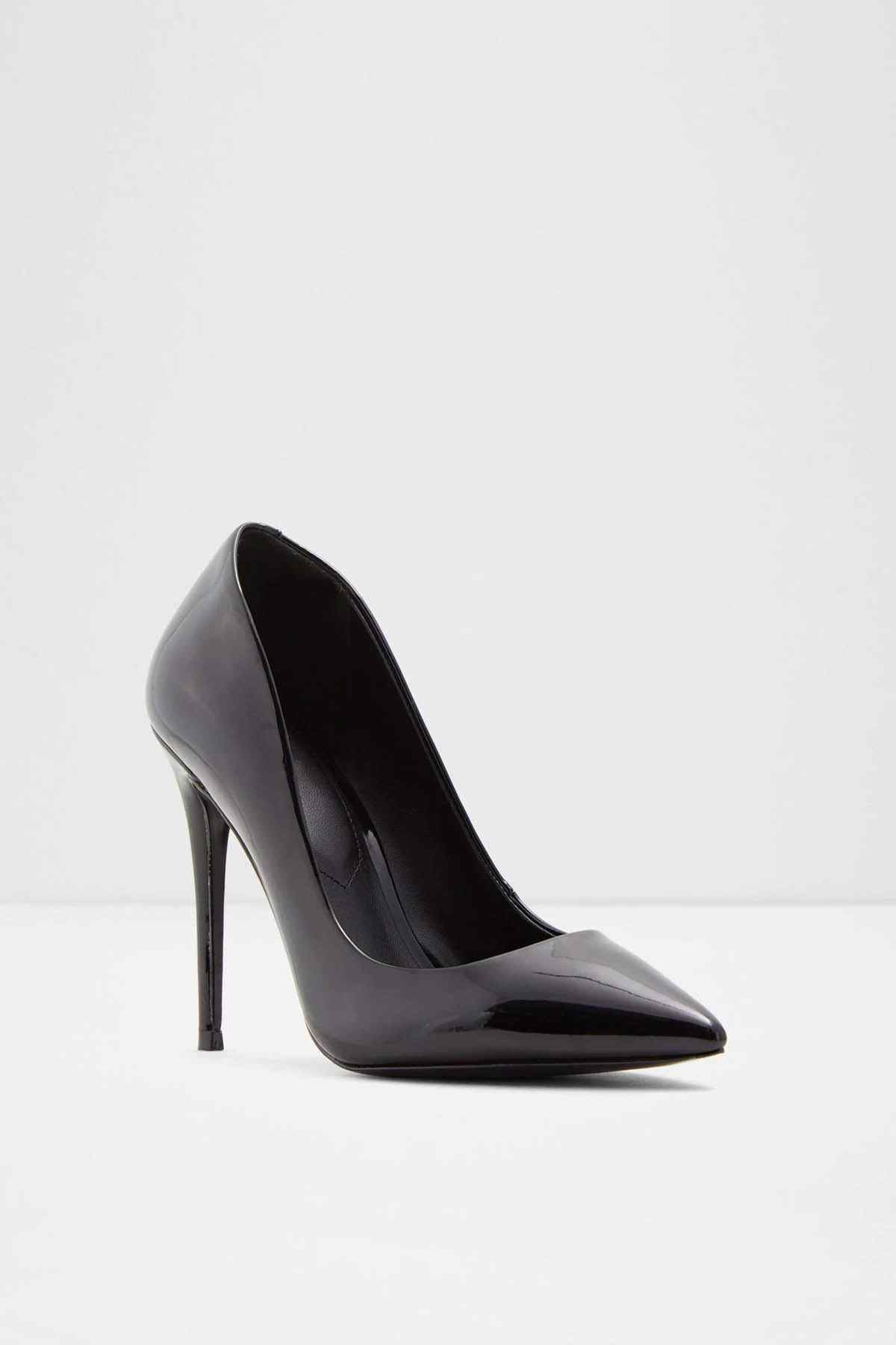 Black glossy stiletto heel pump, front-angled view with pointed toe