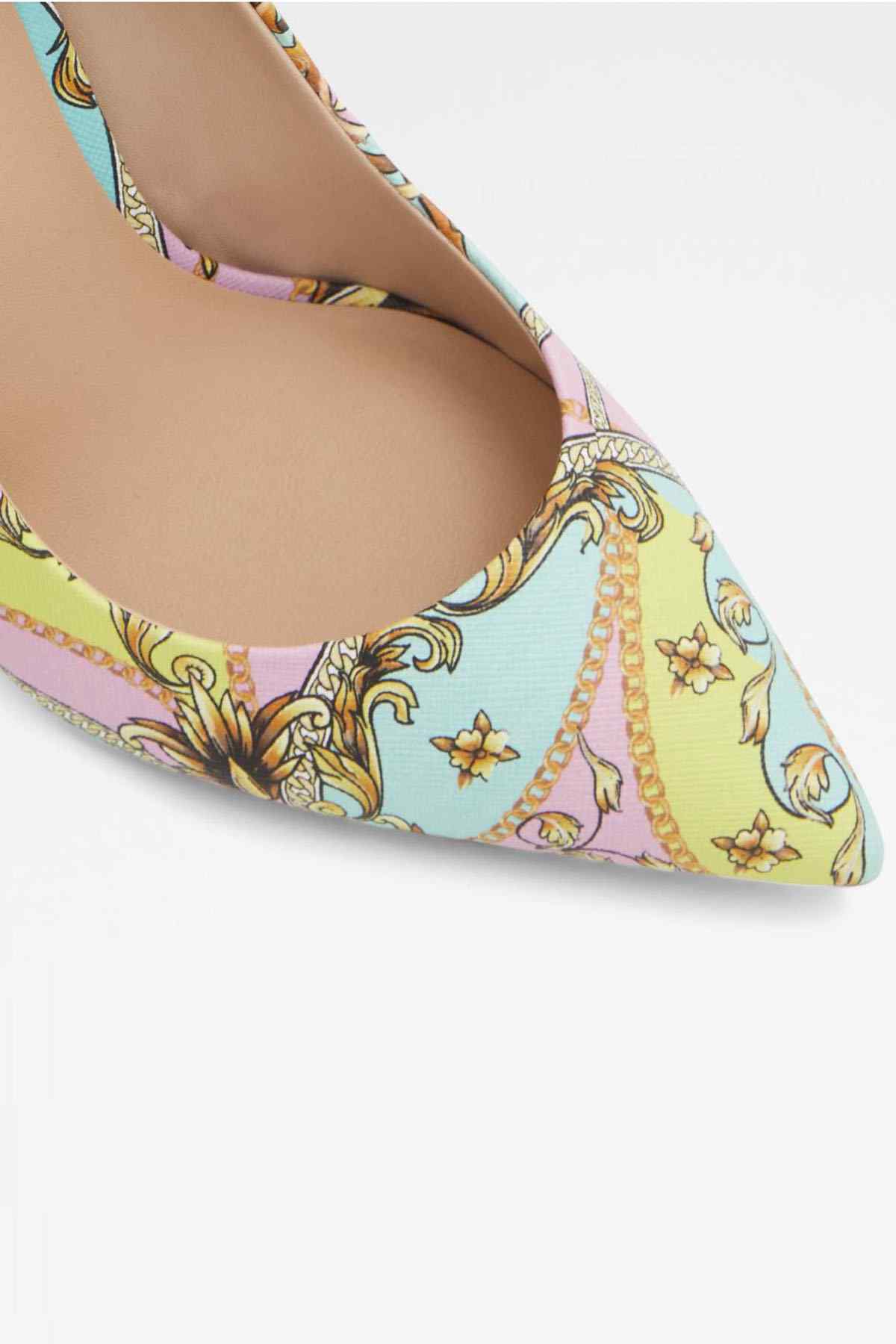 ALDO multicolor baroque print upper on pointed-toe stiletto heel, close-up