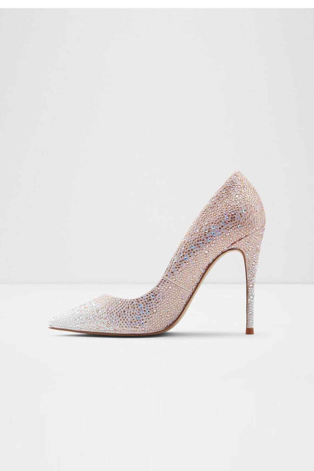 ALDO pale pink rhinestone pointed-toe pump with slim stiletto heel, side profile